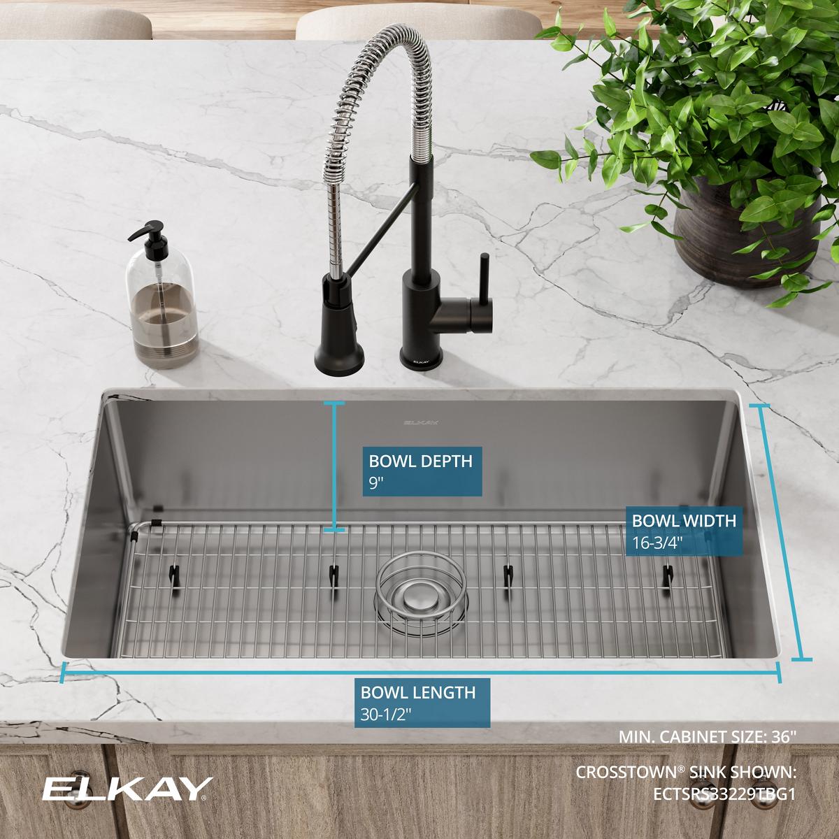 Alternate Image for Elkay Crosstown 33" Stainless Steel Kitchen Sink Kit, Polished Satin, 1 Faucet Hole, ECTSRS33229TBG1