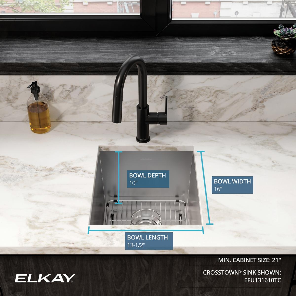 Alternate Image for Elkay Crosstown 16" Stainless Steel Kitchen Sink, 16 Gauge, Polished Satin, EFU131610TC