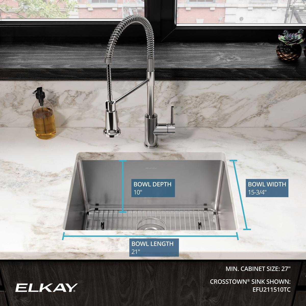 Alternate Image for Elkay Crosstown 24" Stainless Steel Kitchen Sink, 16 Gauge, Polished Satin, EFU211510TC