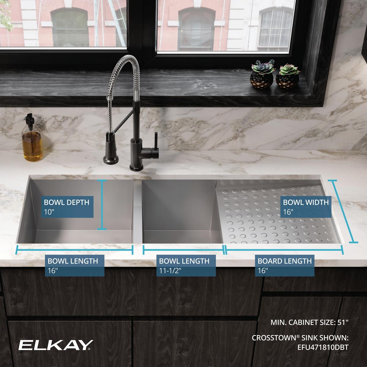 Alternate Image for Elkay Crosstown 47" Stainless Steel Kitchen Sink, 60/40 Double Bowl, 16 Gauge, Polished Satin, EFU471810DBT