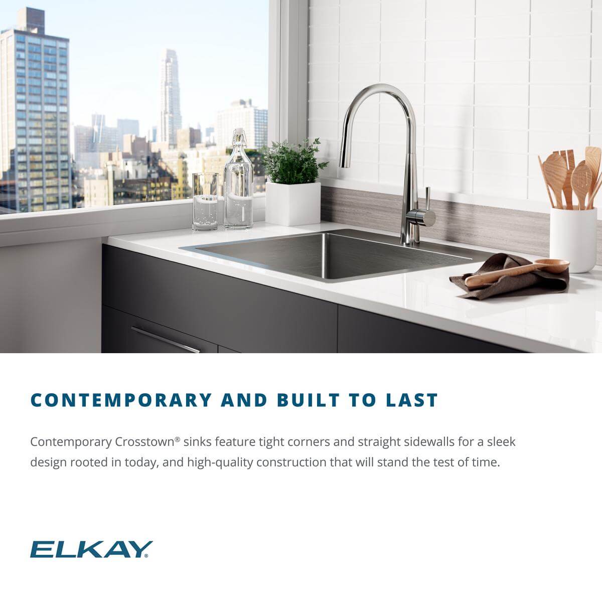 Alternate Image for Elkay Crosstown 24" Stainless Steel Kitchen Sink, 16 Gauge, Polished Satin, EFU211510TC