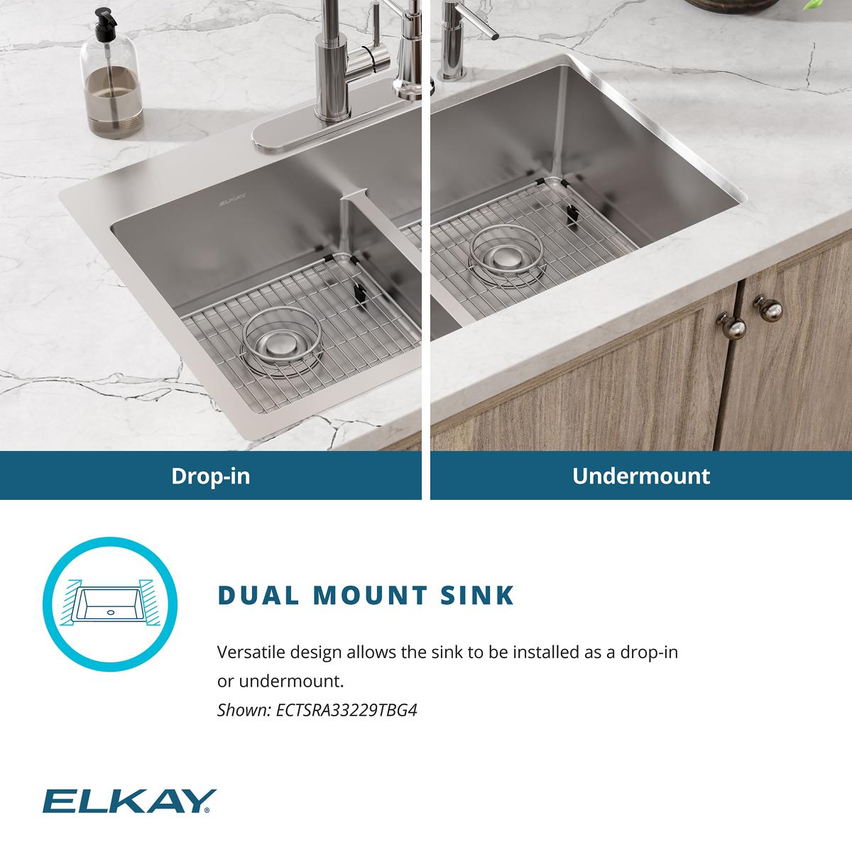 Alternate Image for Elkay Crosstown 33" Stainless Steel Kitchen Sink, 50/50 Double Bowl, 18 Gauge, Sink Kit, Polished Satin, 4 Faucet Hole, ECTSRA33229TBG4