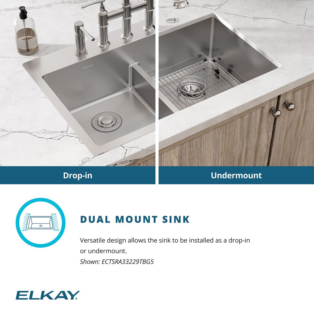 Alternate Image for Elkay Crosstown 33" Stainless Steel Kitchen Sink, 50/50 Double Bowl, 18 Gauge, Sink Kit, Polished Satin, 5 Faucet Hole, ECTSRA33229TBG5
