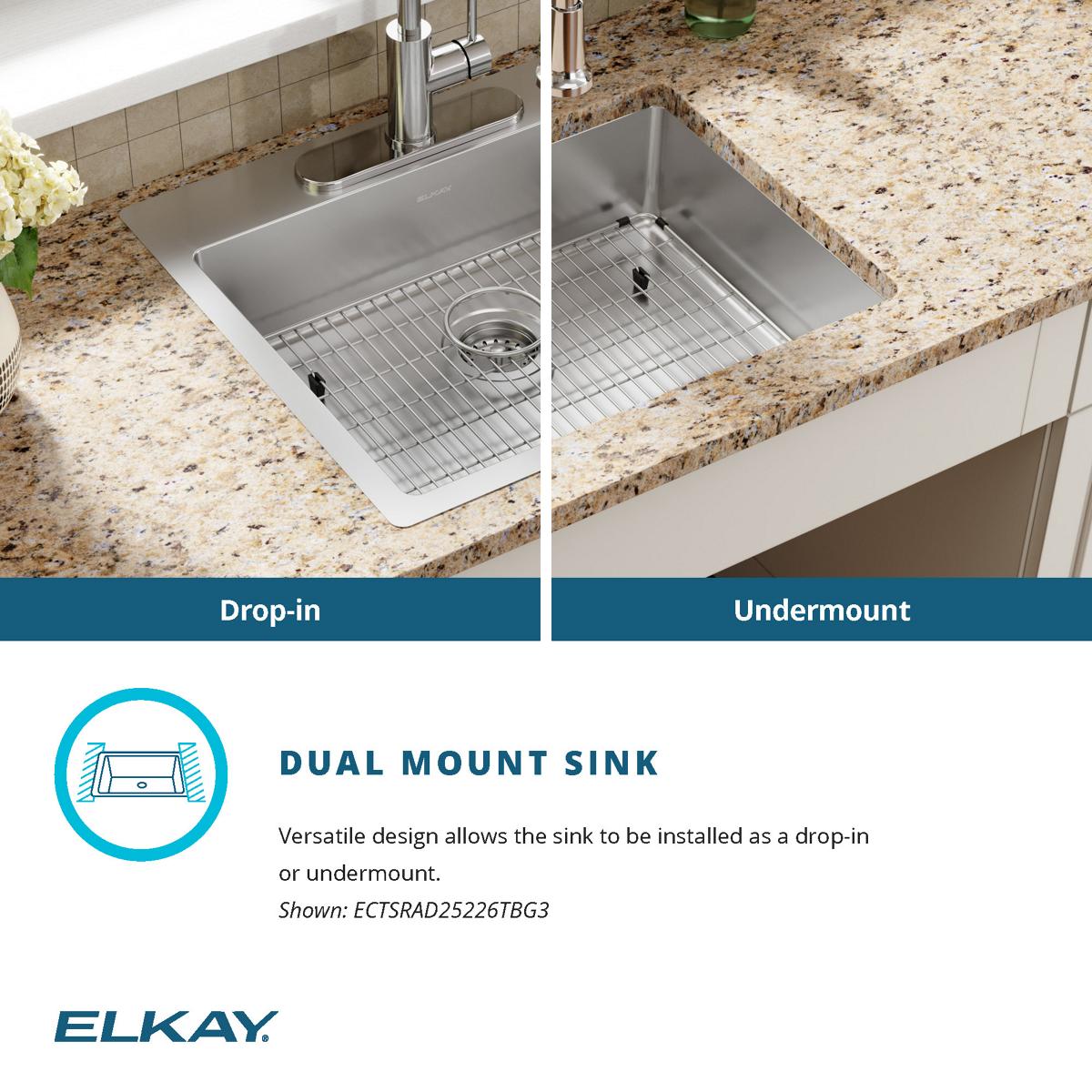 Alternate Image for Elkay Crosstown 25" Dual Mount Stainless Steel ADA Kitchen Sink Kit, Single Bowl, 18 Gauge, Polished Satin, 3 Faucet Hole, ECTSRAD25226TBG3
