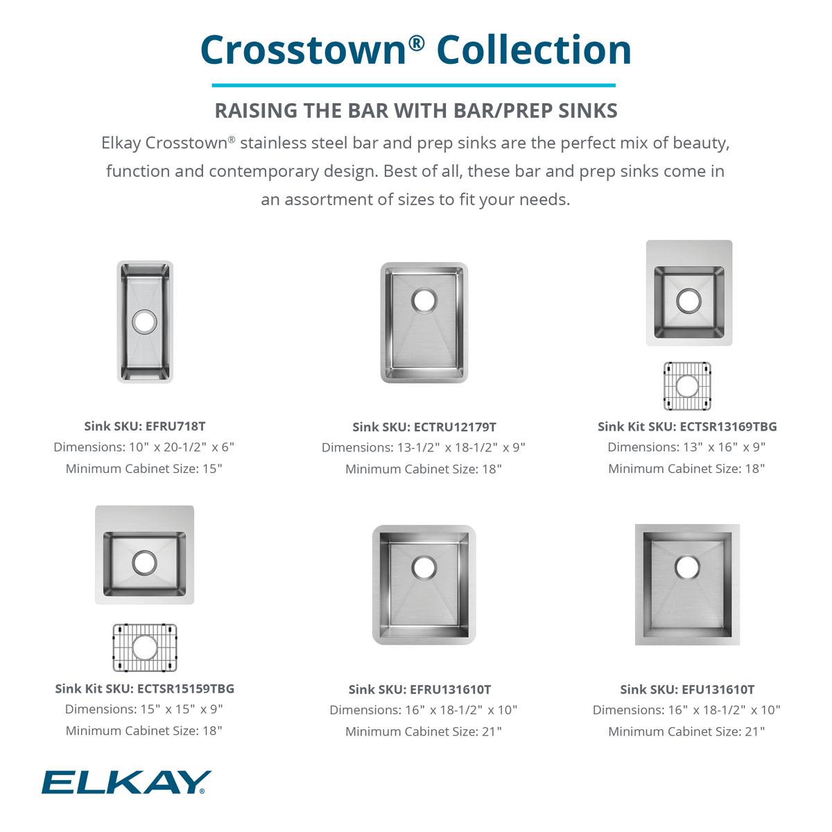 Alternate Image for Elkay Crosstown 15" Stainless Steel Bar Sink Kit, Polished Satin, 2 Faucet Holes, ECTSR15159TBG2