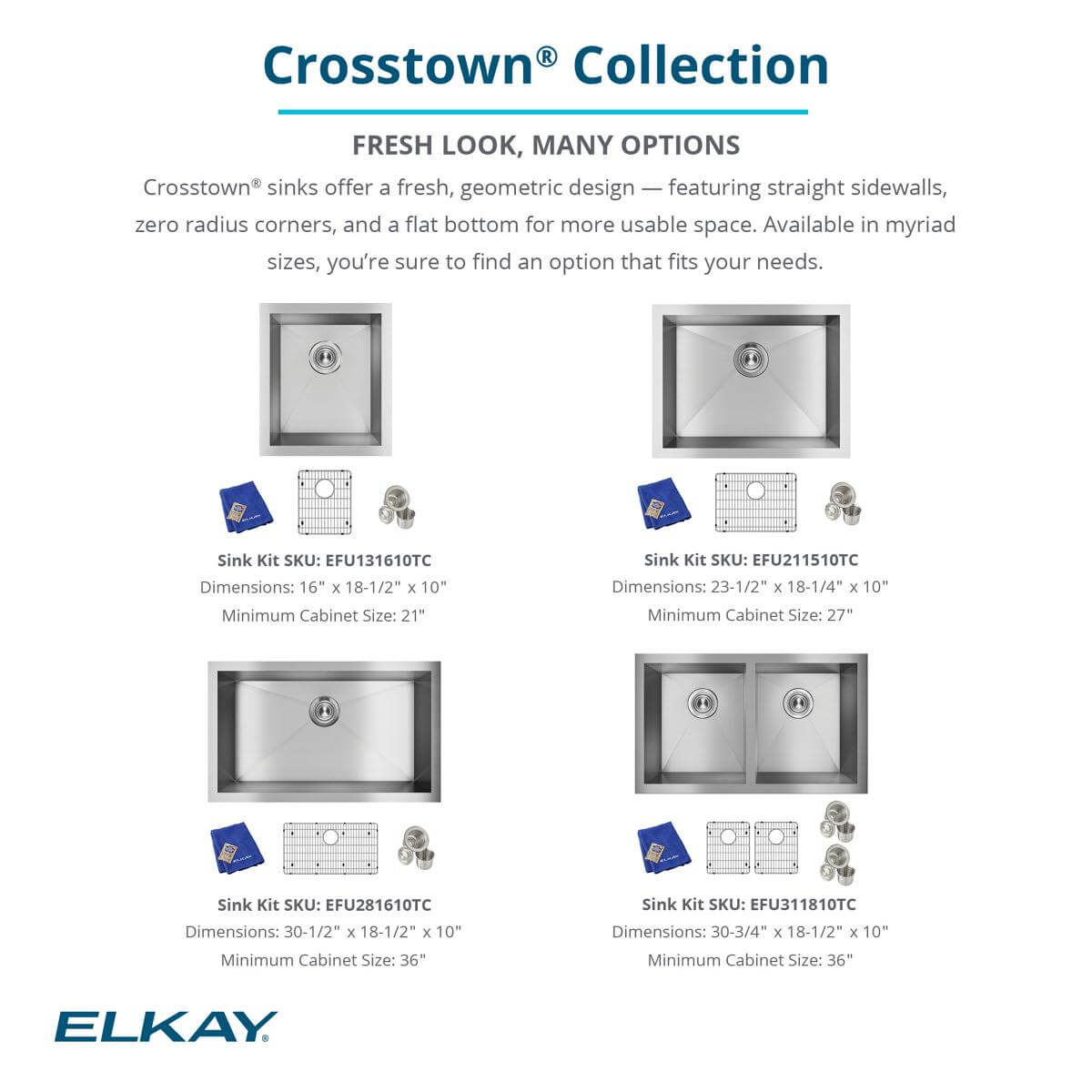 Alternate Image for Elkay Crosstown 24" Stainless Steel Kitchen Sink, 16 Gauge, Polished Satin, EFU211510TC