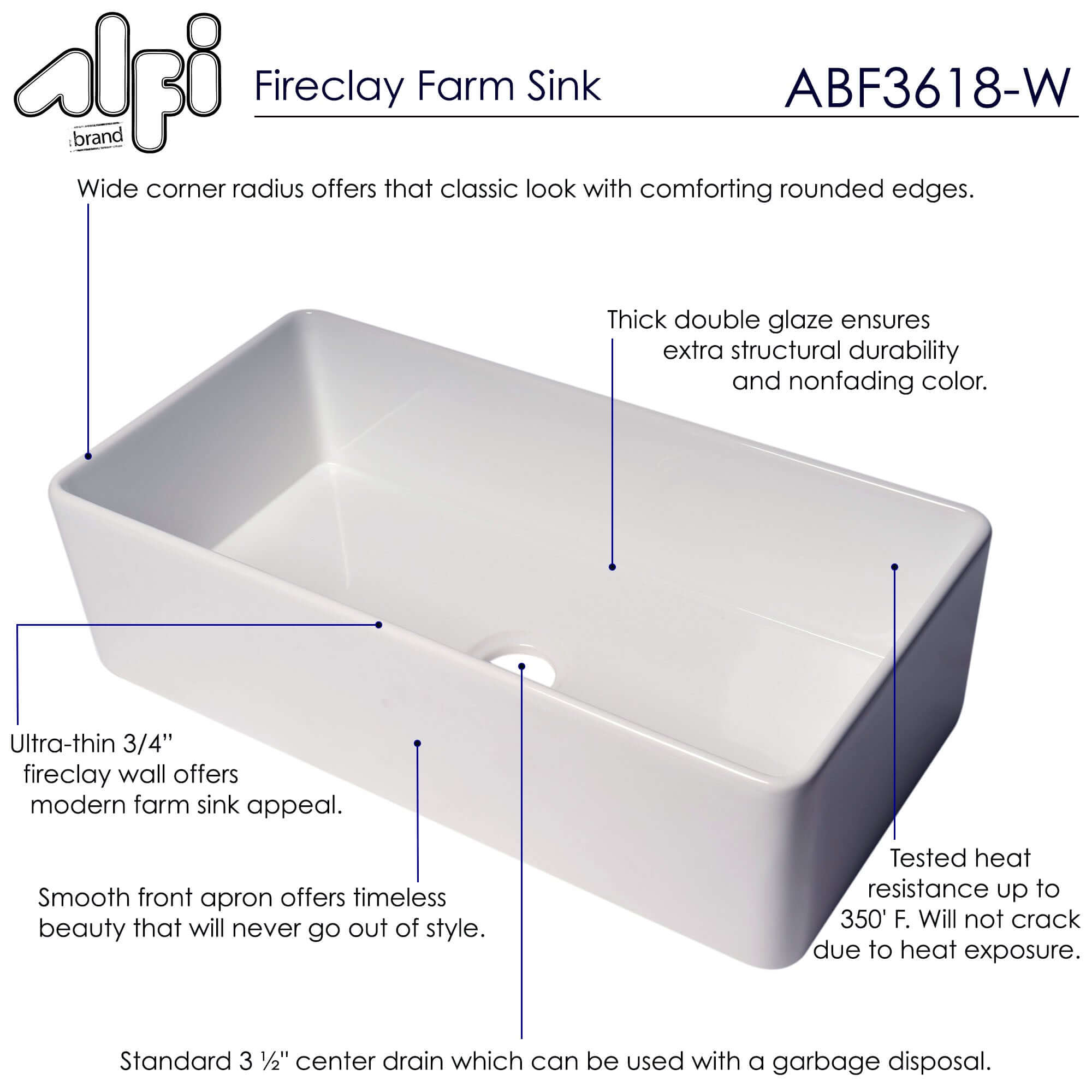 Alternate Image for ALFI brand 36" Fireclay Farmhouse Sink, White, ABF3618-W