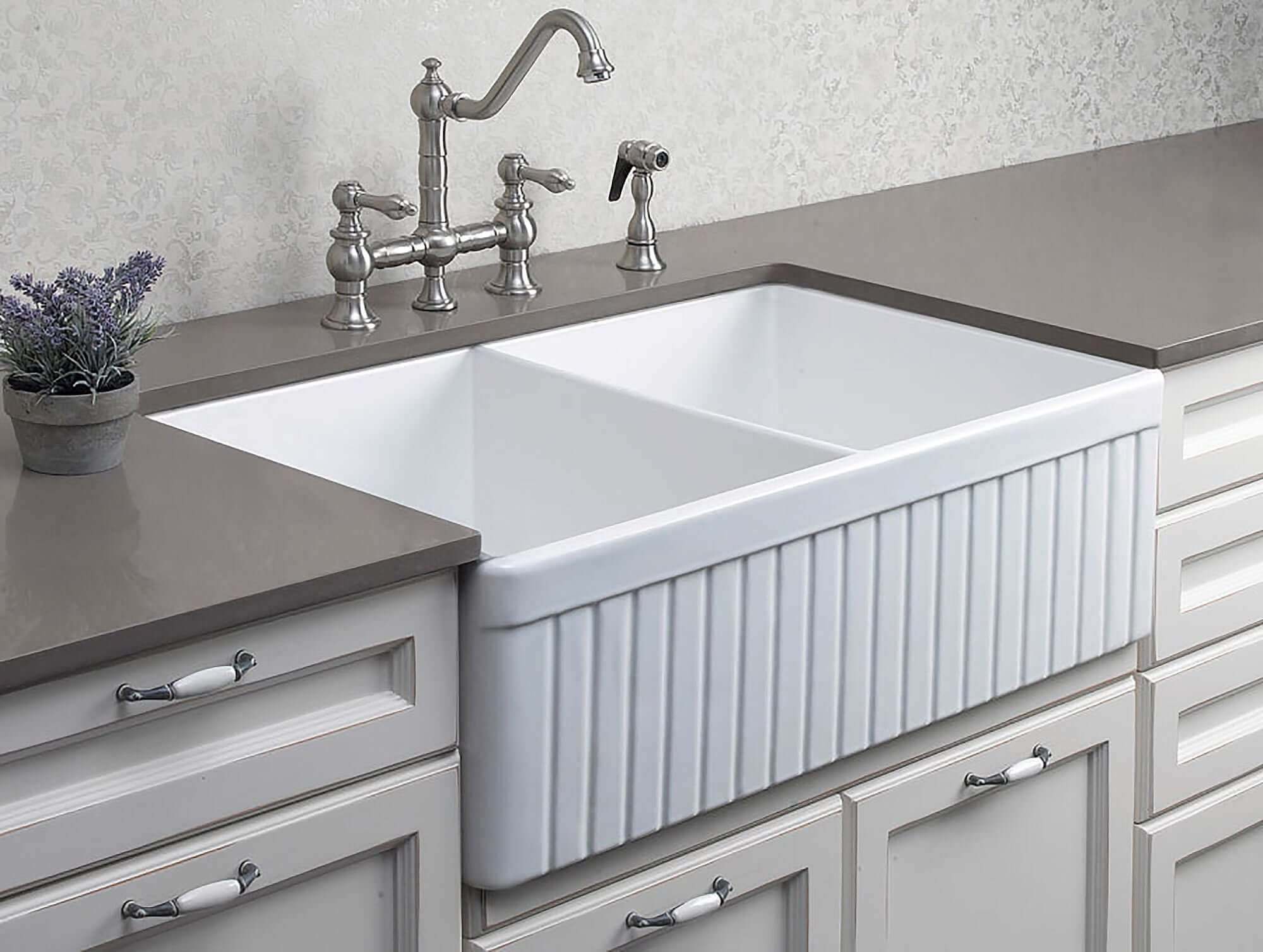 Alternate Image for ALFI 32" Fluted Double Bowl Fireclay Farmhouse Apron Sink, White, AB537-W