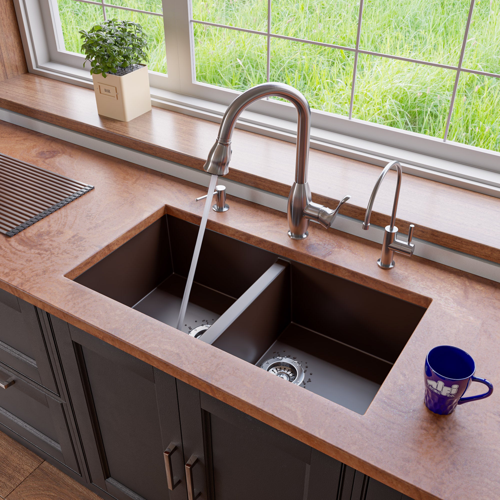 Alternate Image for ALFI brand AB3420UM-C Chocolate 34" Undermount Double Bowl Granite Composite Kitchen Sink