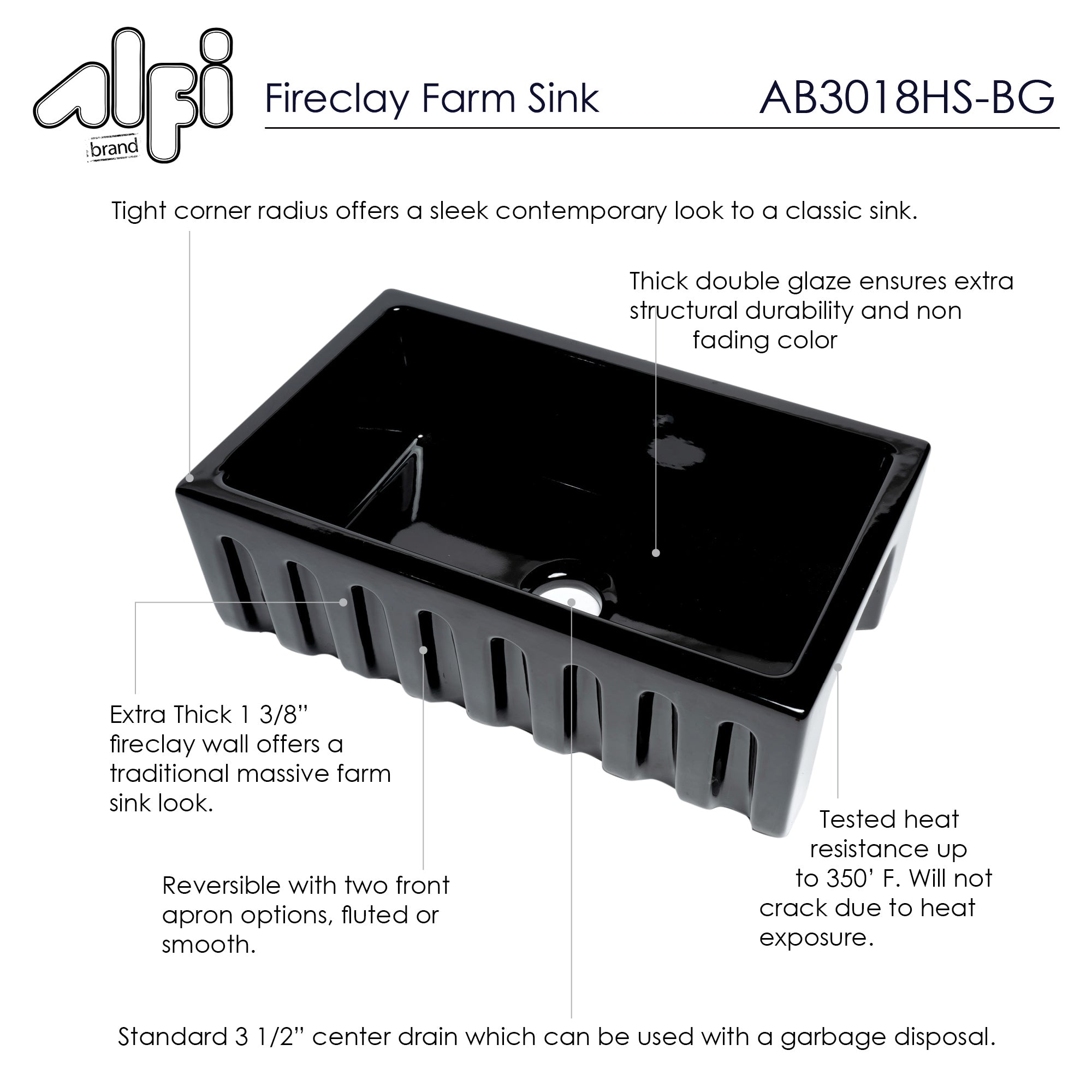Alternate Image for ALFI 30" Single Bowl Fireclay Farmhouse Apron Sink, Black Gloss, Reversible, AB3018HS-BG