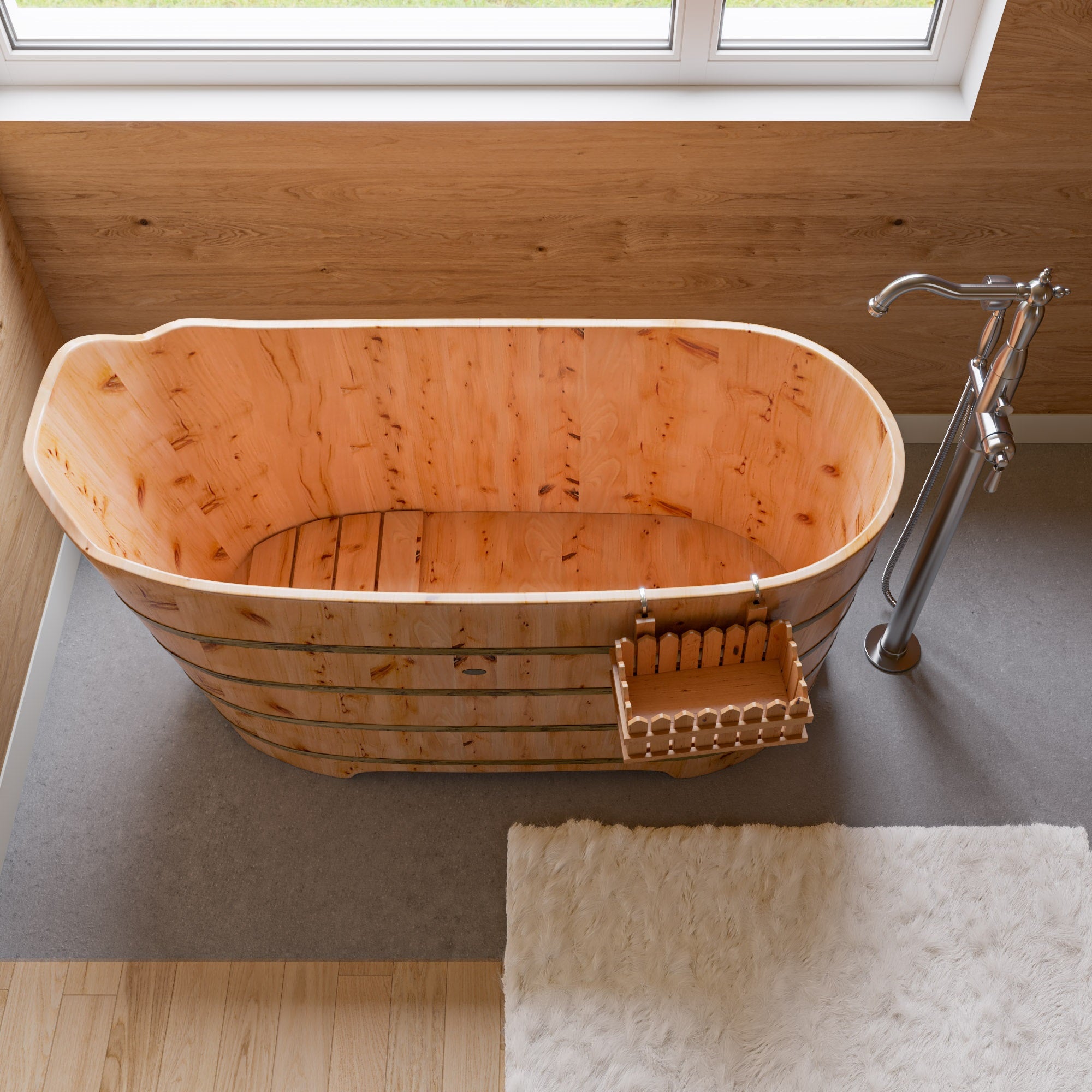Alternate Image for ALFI brand AB1103 59" Free Standing Cedar Wood Bathtub with Bench