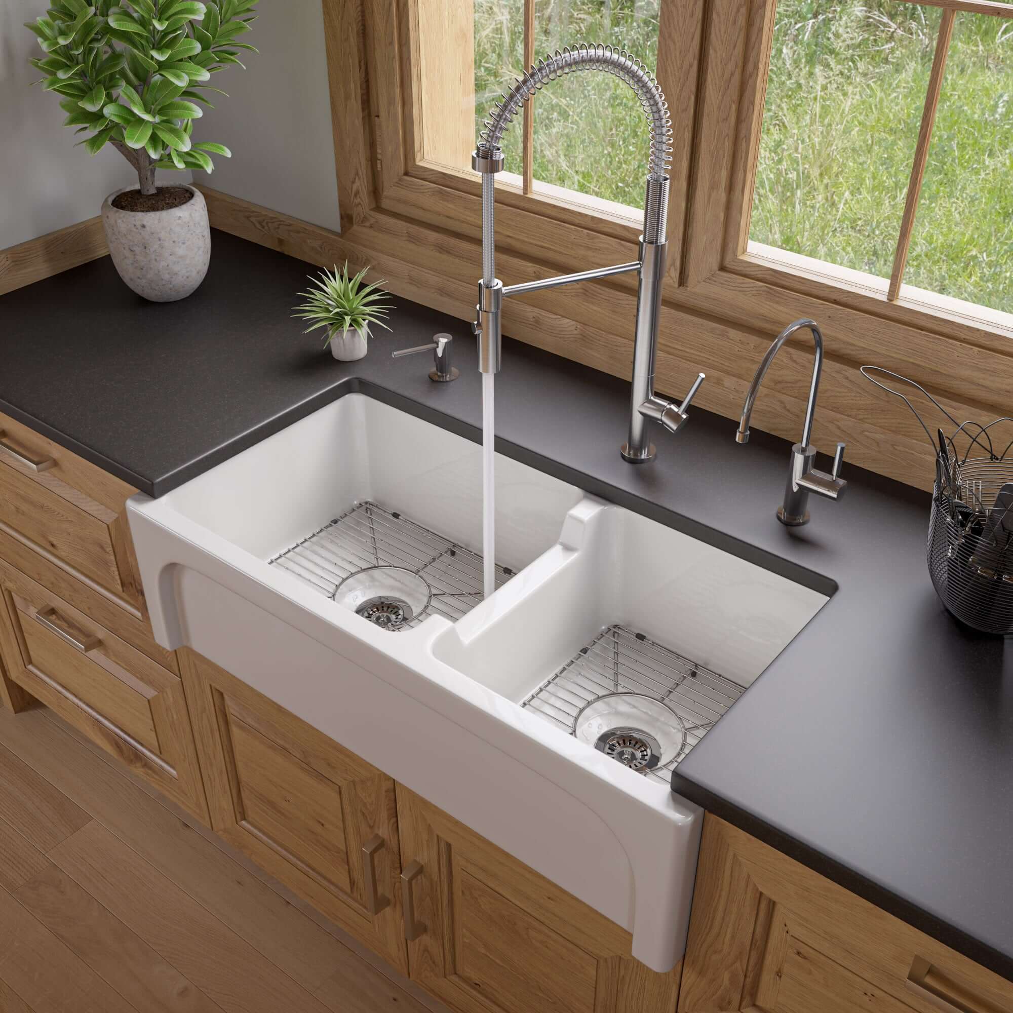 Double Bowl Farmhouse Sink ALFI 36" Double Bowl Thick Wall Fireclay Farmhouse Apron Sink, White,
