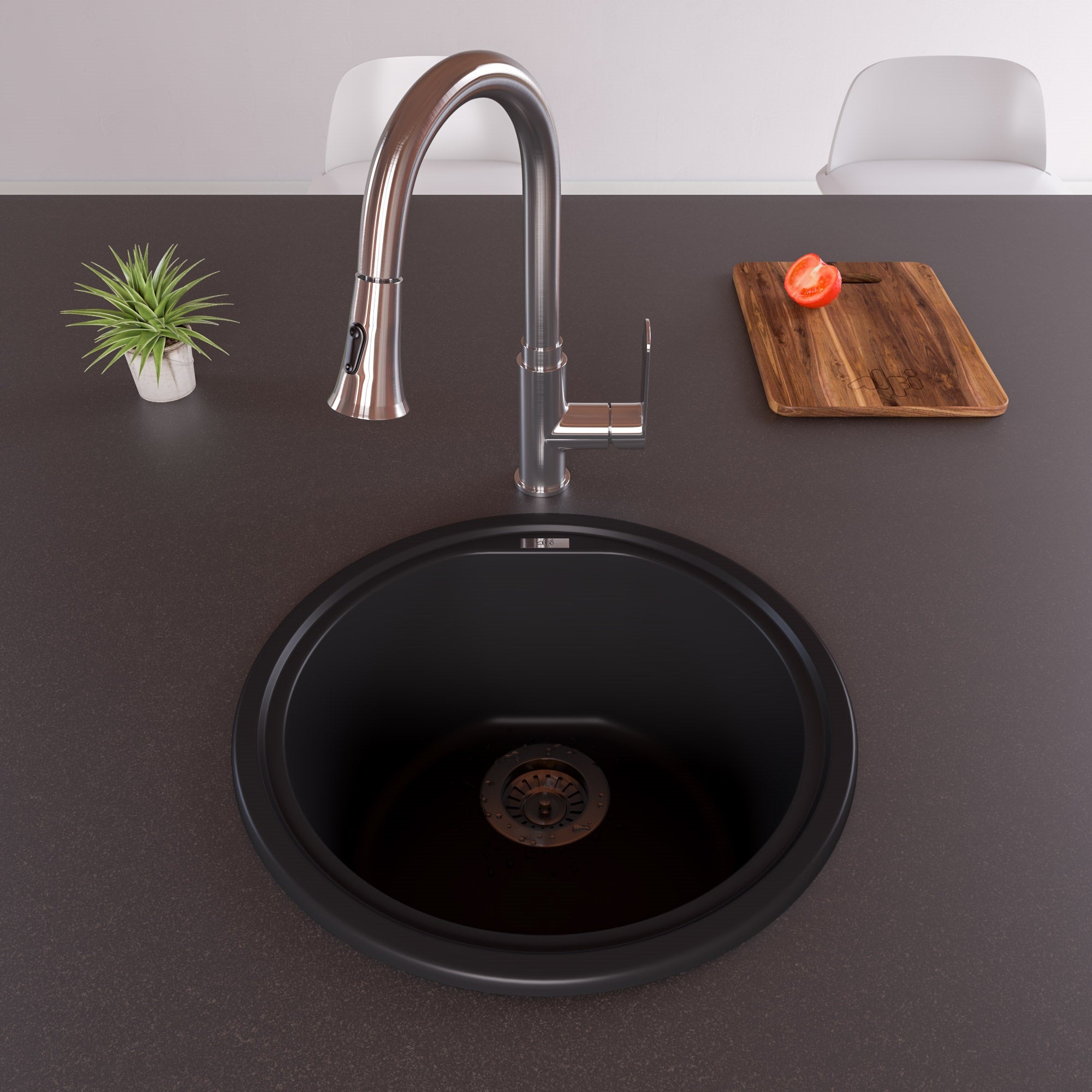 ALFI Black 17" Drop-In Round Granite Composite Kitchen Prep Sink, AB1717DI-BLA