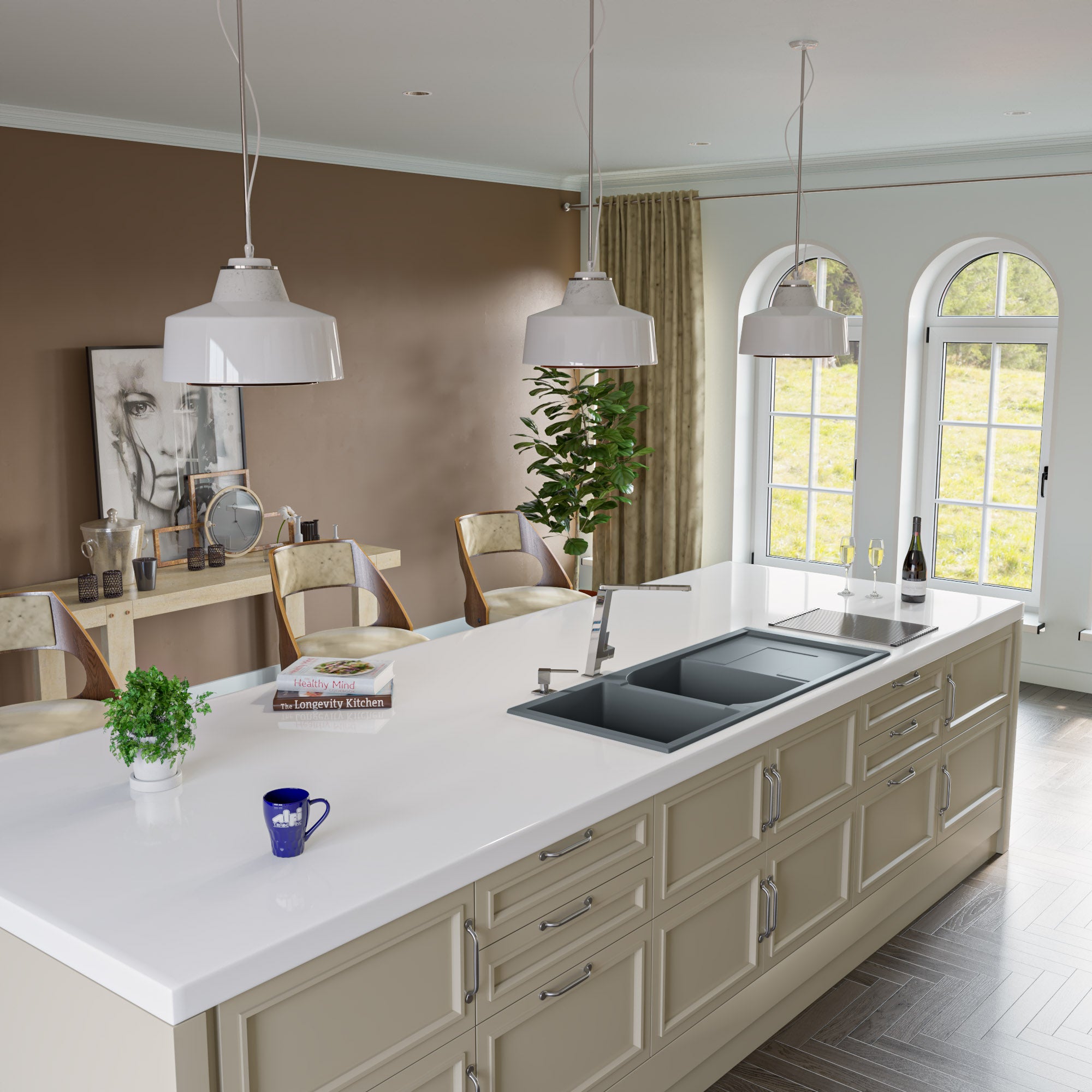 Alternate Image for ALFI brand AB4620DI-T Titanium 46" Double Bowl Granite Composite Kitchen Sink with Drainboard