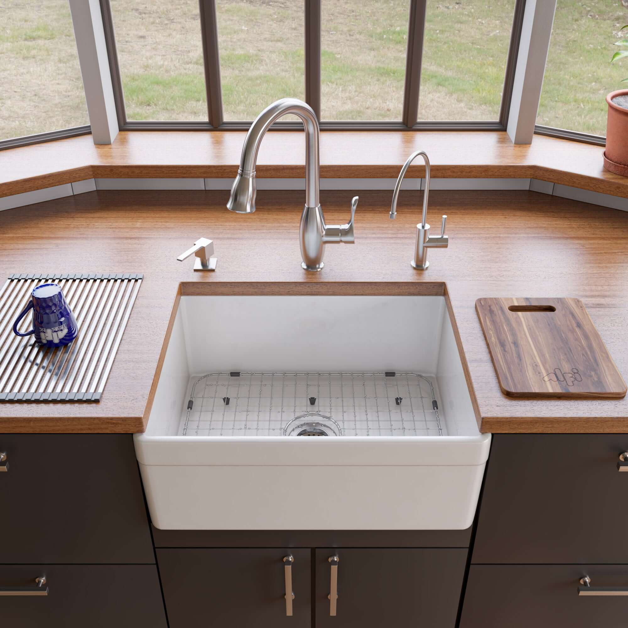 ALFI 26" Single Bowl Fireclay Farmhouse Apron Sink, White, Decorative, AB506-W