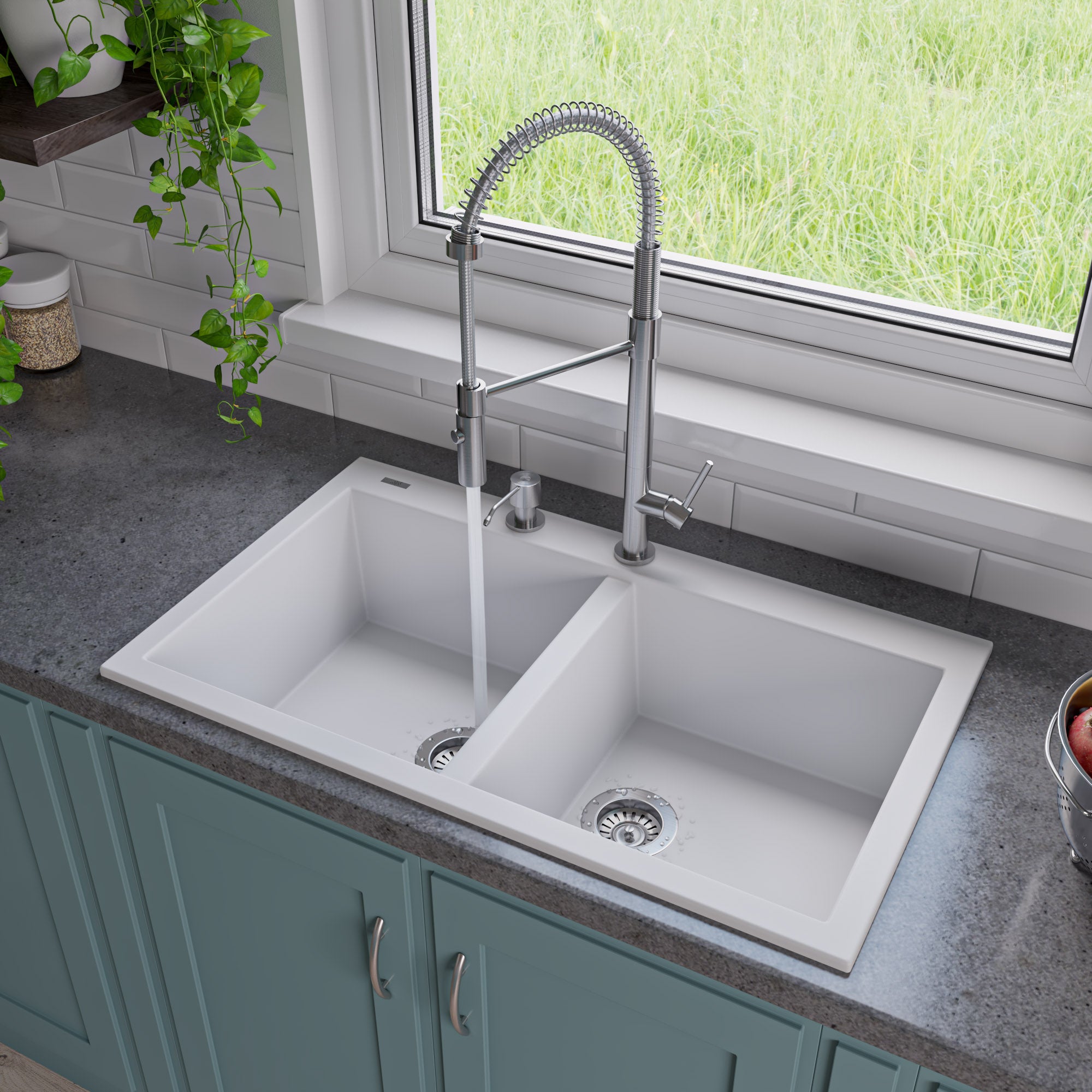Alternate Image for ALFI White 34" Drop-In Double Bowl Granite Composite Kitchen Sink, AB3420DI-W
