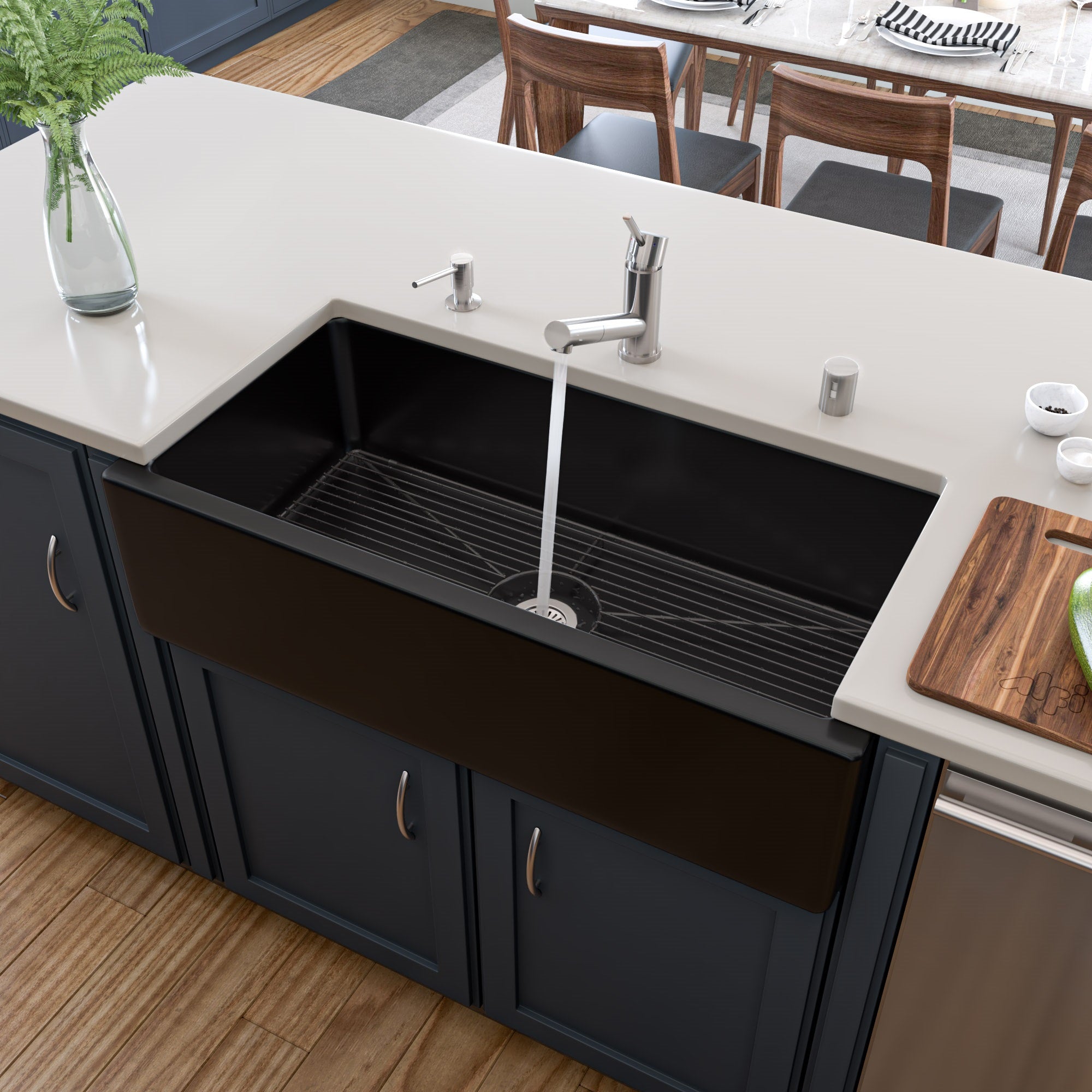 ALFI 36" Single Bowl Fireclay Farmhouse Kitchen Sink, Black Gloss, Reversible, AB3618HS-BG