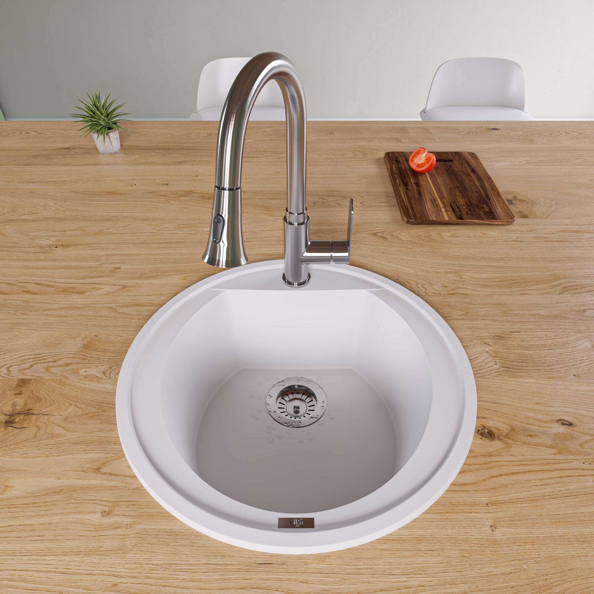 ALFI White 20" Drop-In Round Granite Composite Kitchen Prep Sink, AB2020DI-W
