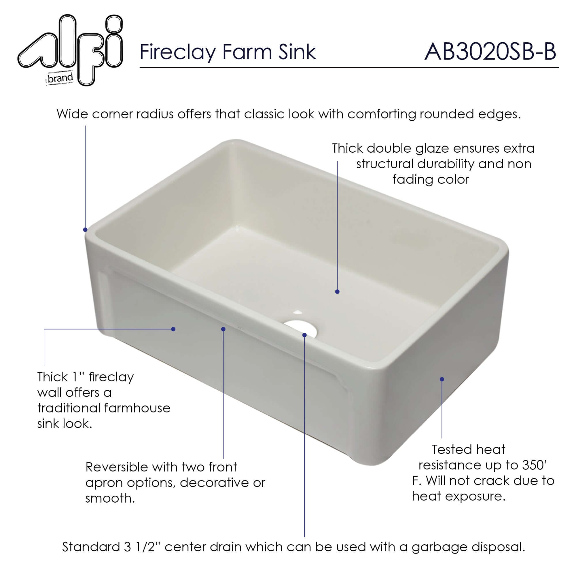 Alternate Image for ALFI 30" Single Bowl Fireclay Farmhouse Apron Sink, Biscuit, AB3020SB-B