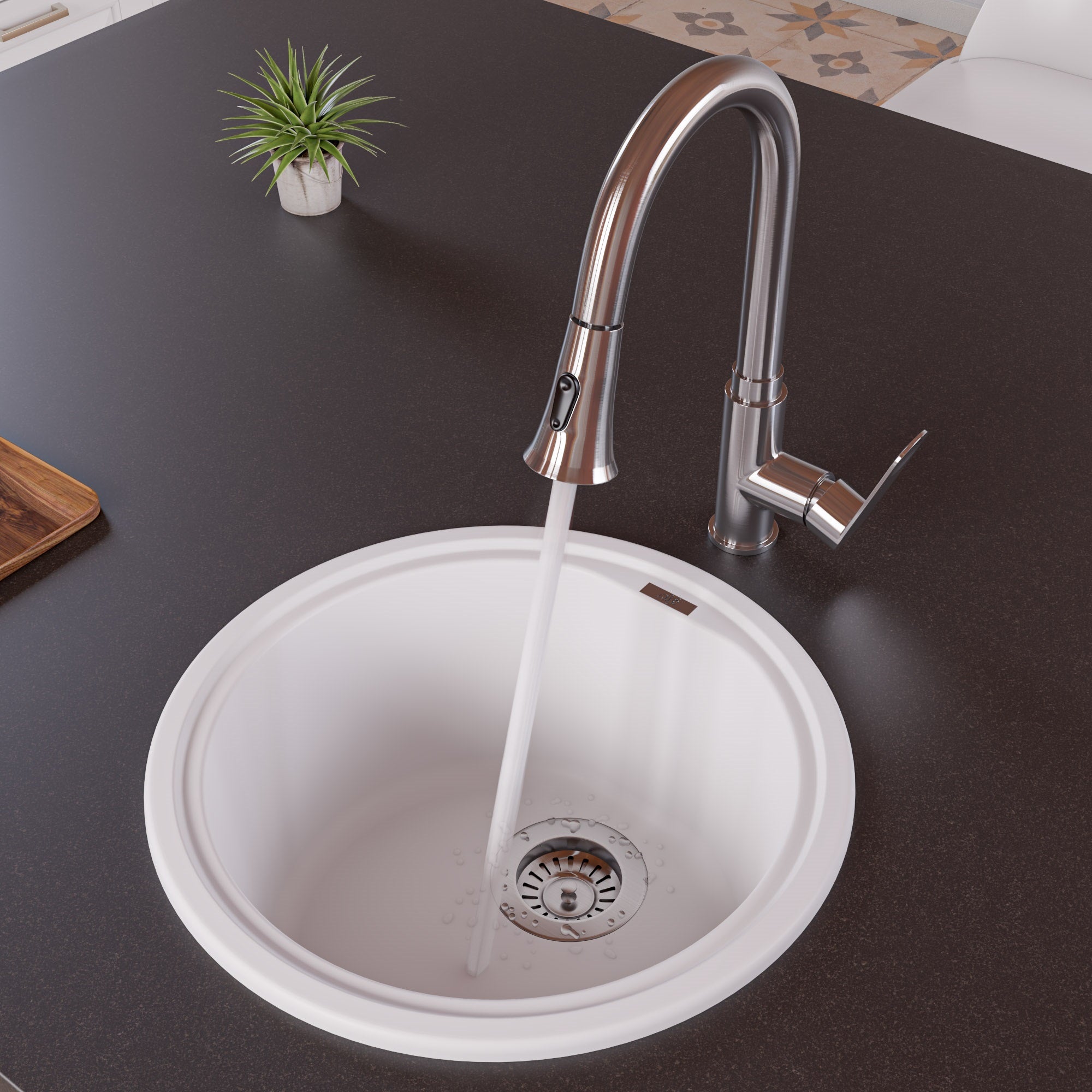ALFI White 17" Drop-In Round Granite Composite Kitchen Prep Sink, AB1717DI-W