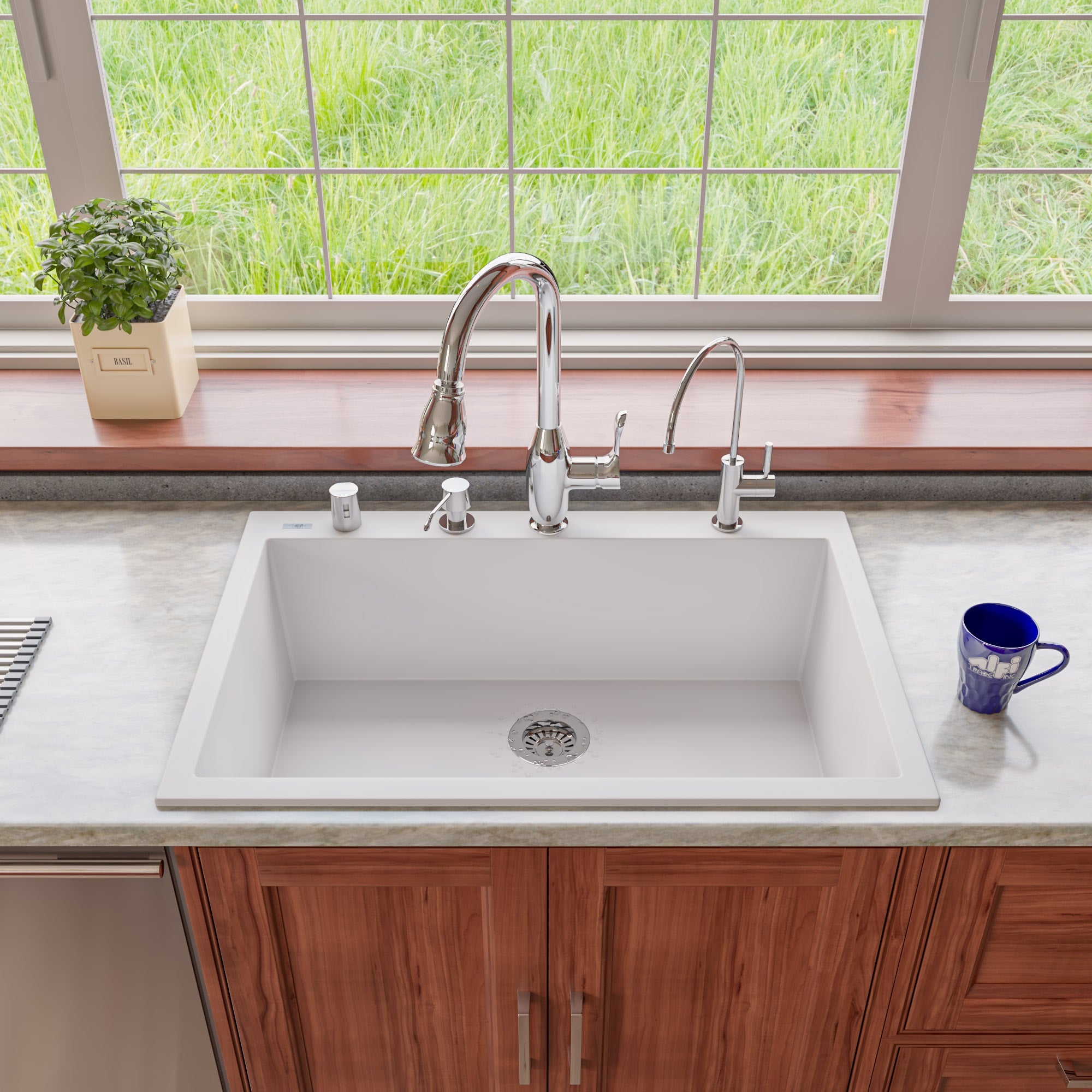 ALFI White 33" Single Bowl Drop In Granite Composite Kitchen Sink, AB3322DI-W