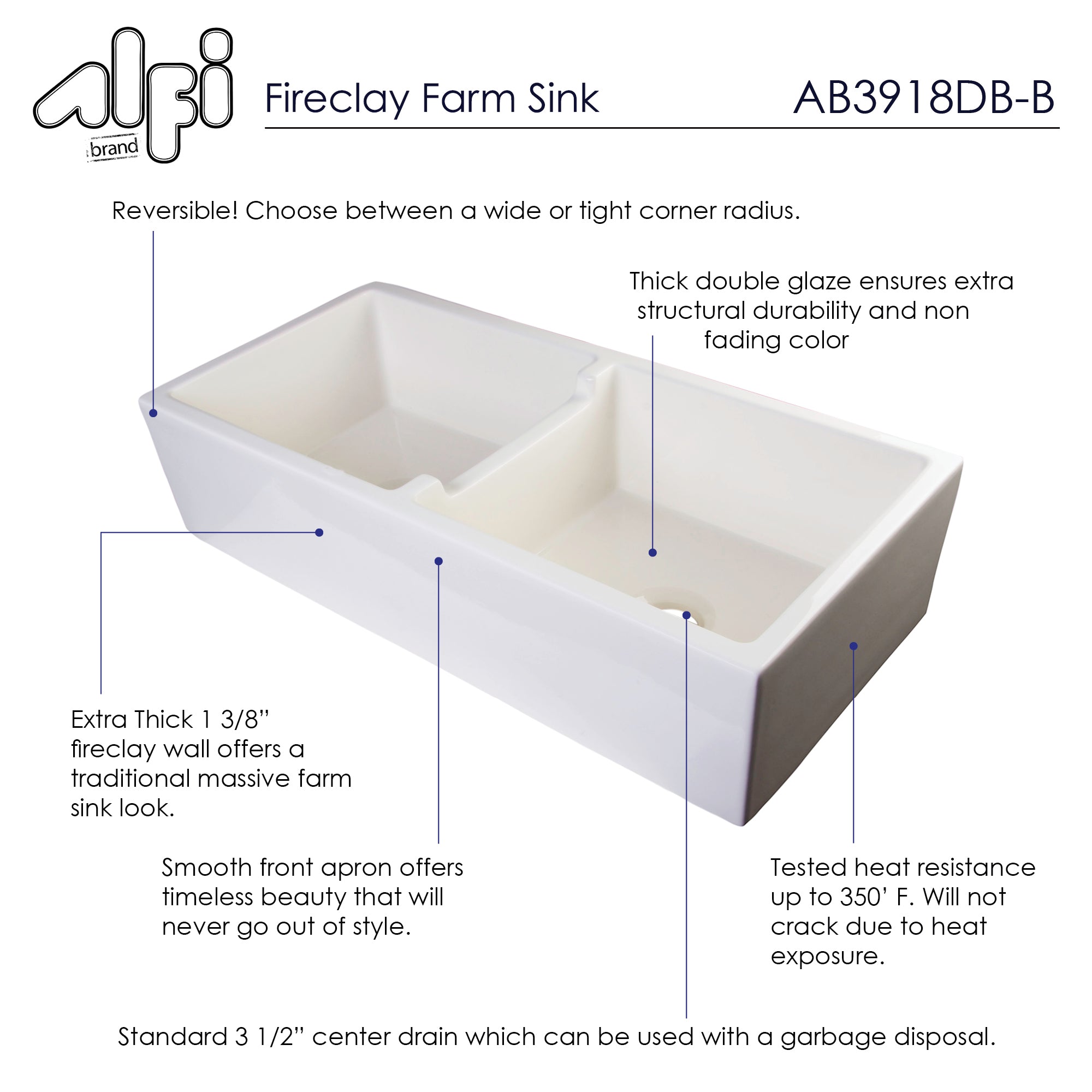 Alternate Image for ALFI 39" Fireclay Double Bowl Bowl Farmhouse Apron Sink, Biscuit, AB3918DB-B