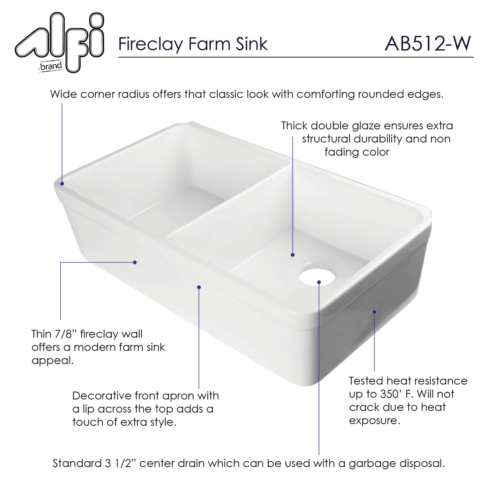 Alternate Image for ALFI 32" Double Bowl Fireclay Farmhouse Apron Sink, White, AB512-W