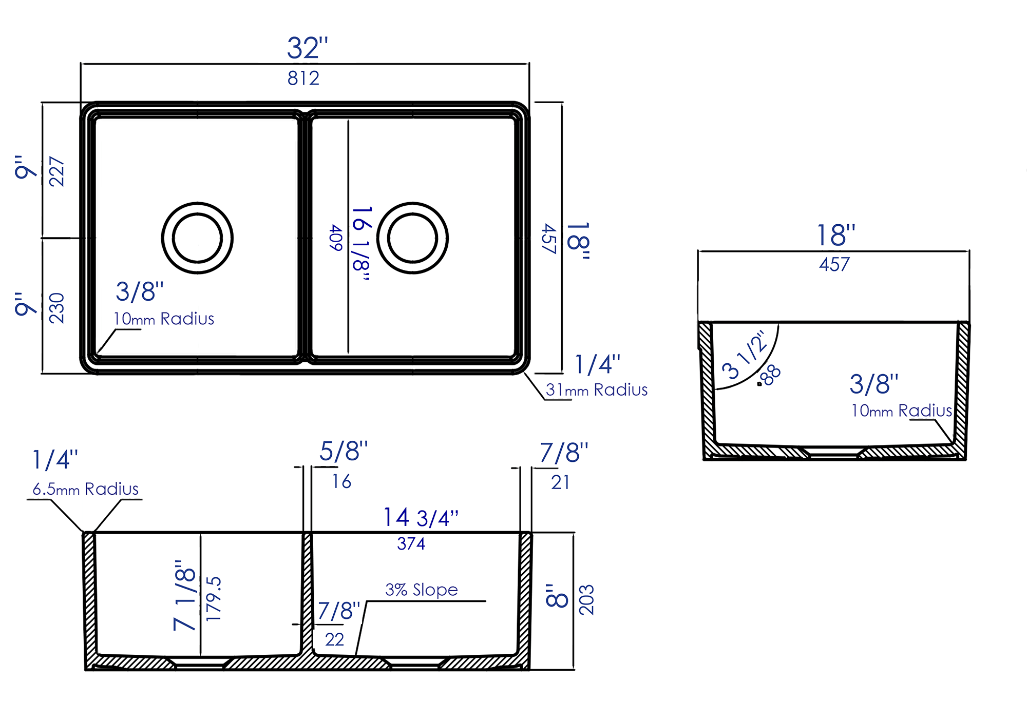 Alternate Image for ALFI 32 inch White Double Bowl Fireclay Undermount Kitchen Sink, AB512UM-W