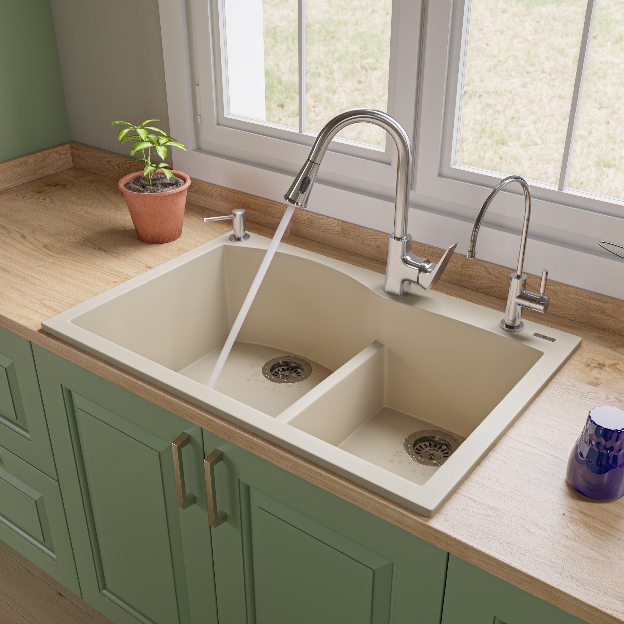 Alternate Image for ALFI Biscuit 33" Double Bowl Drop In Granite Composite Kitchen Sink, AB3320DI-B