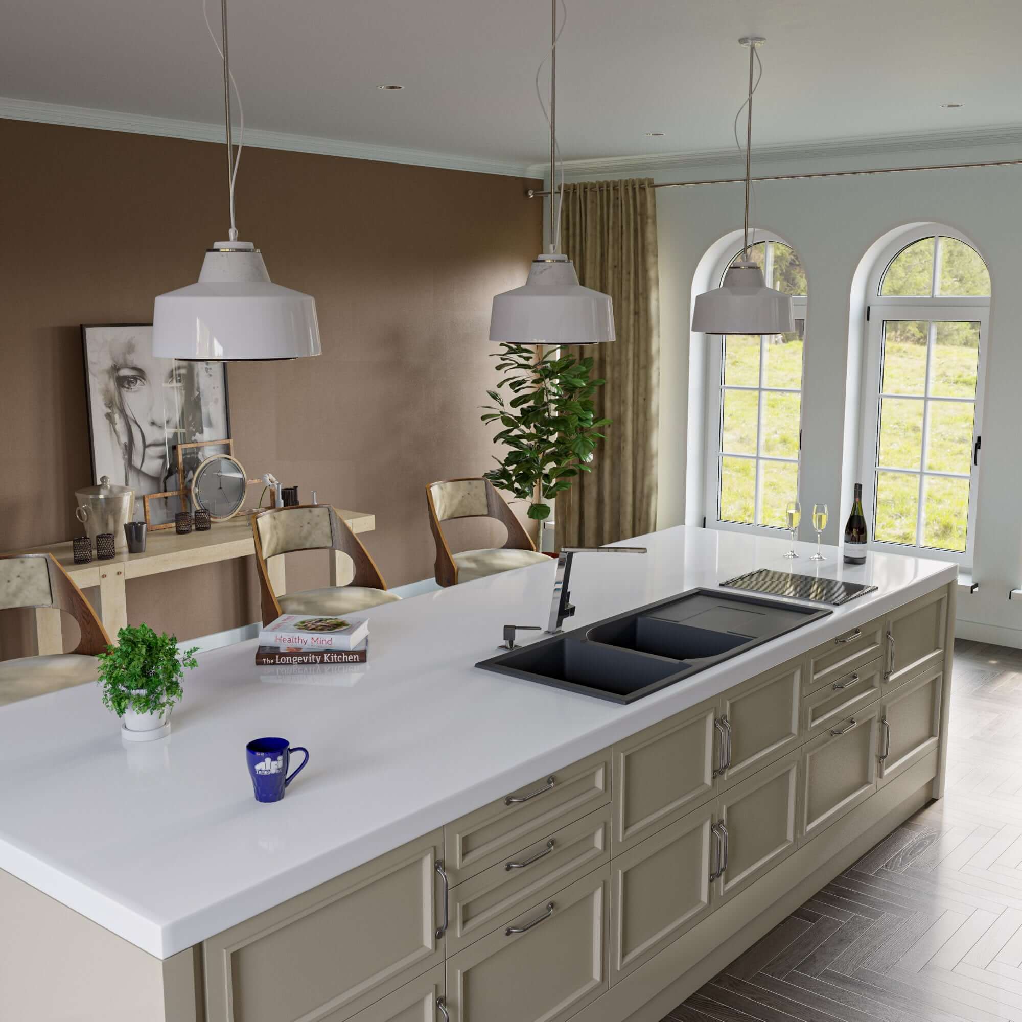 Alternate Image for ALFI Black 46" Double Bowl Granite Composite Kitchen Sink with Drainboard, AB4620DI-BLA