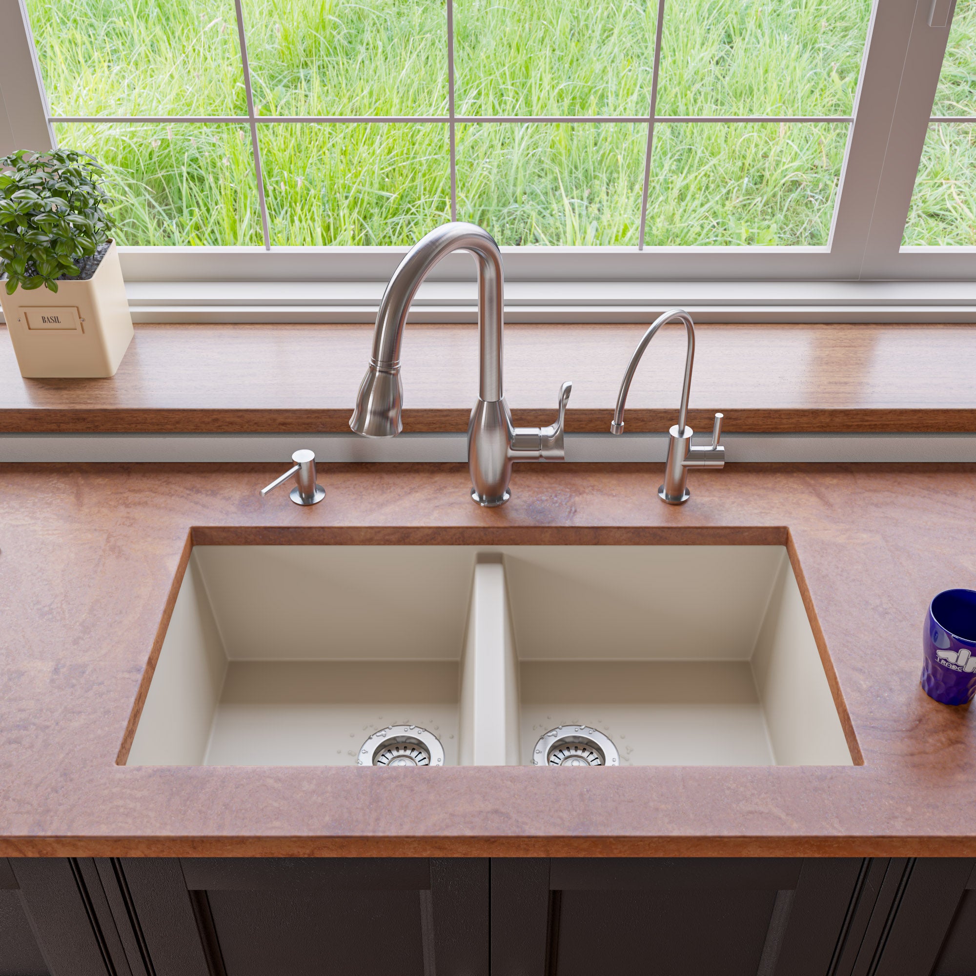 Alternate Image for ALFI Biscuit 34" Undermount Double Bowl Granite Composite Kitchen Sink, AB3420UM-B