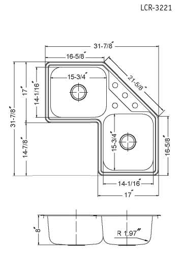 Alternate Image for Houzer 32" Stainless Steel Topmount Legend Corner Bowl Kitchen Sink, 20 Gauge, LCR-3221-1