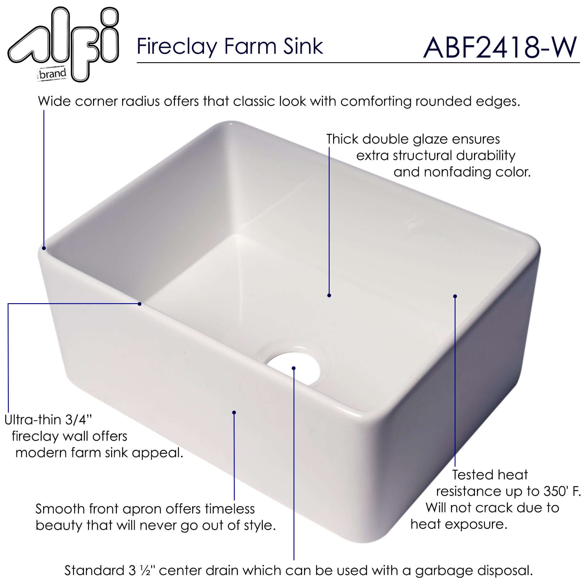 Alternate Image for ALFI brand 24" Fireclay Farmhouse Sink, White, No Faucet Hole, ABF2418-W
