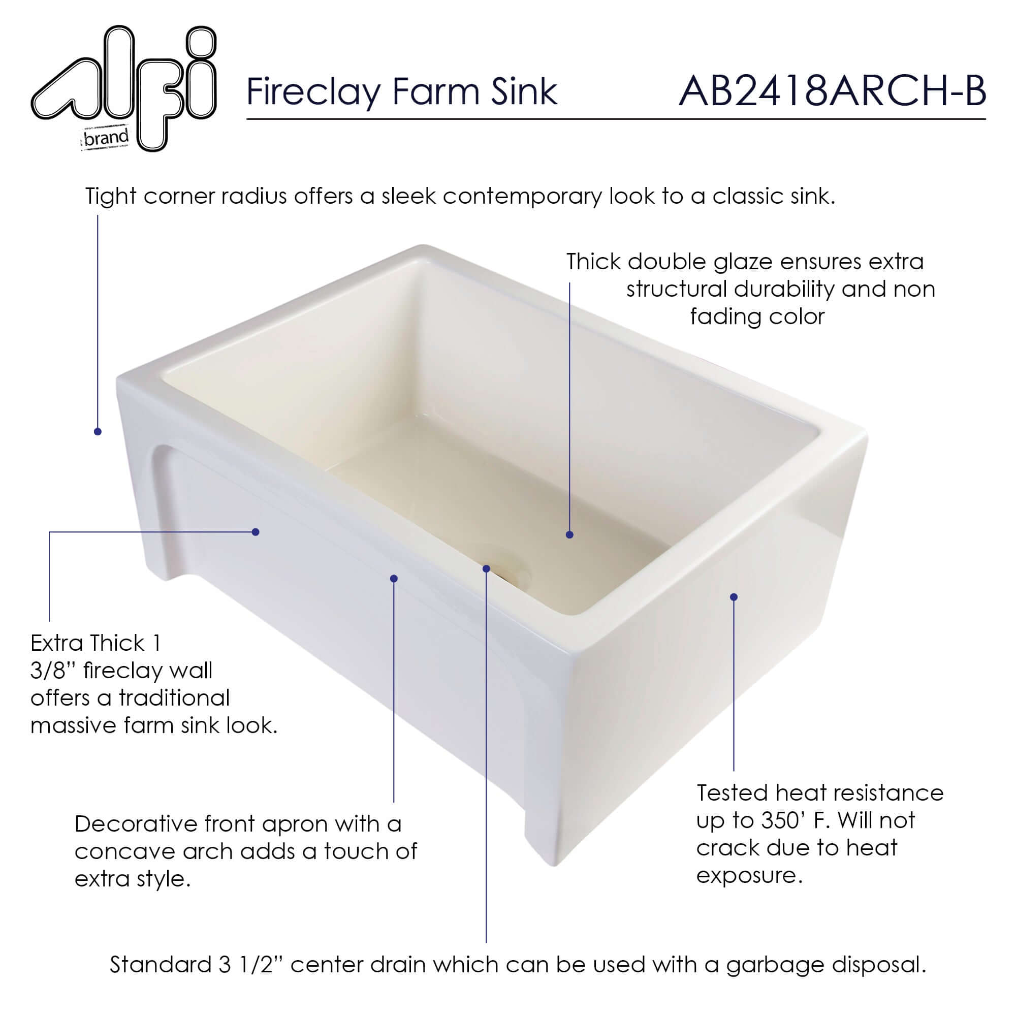 Alternate Image for ALFI 24" Thick Wall Single Bowl Fireclay Farmhouse Apron Sink, Biscuit, AB2418ARCH-B