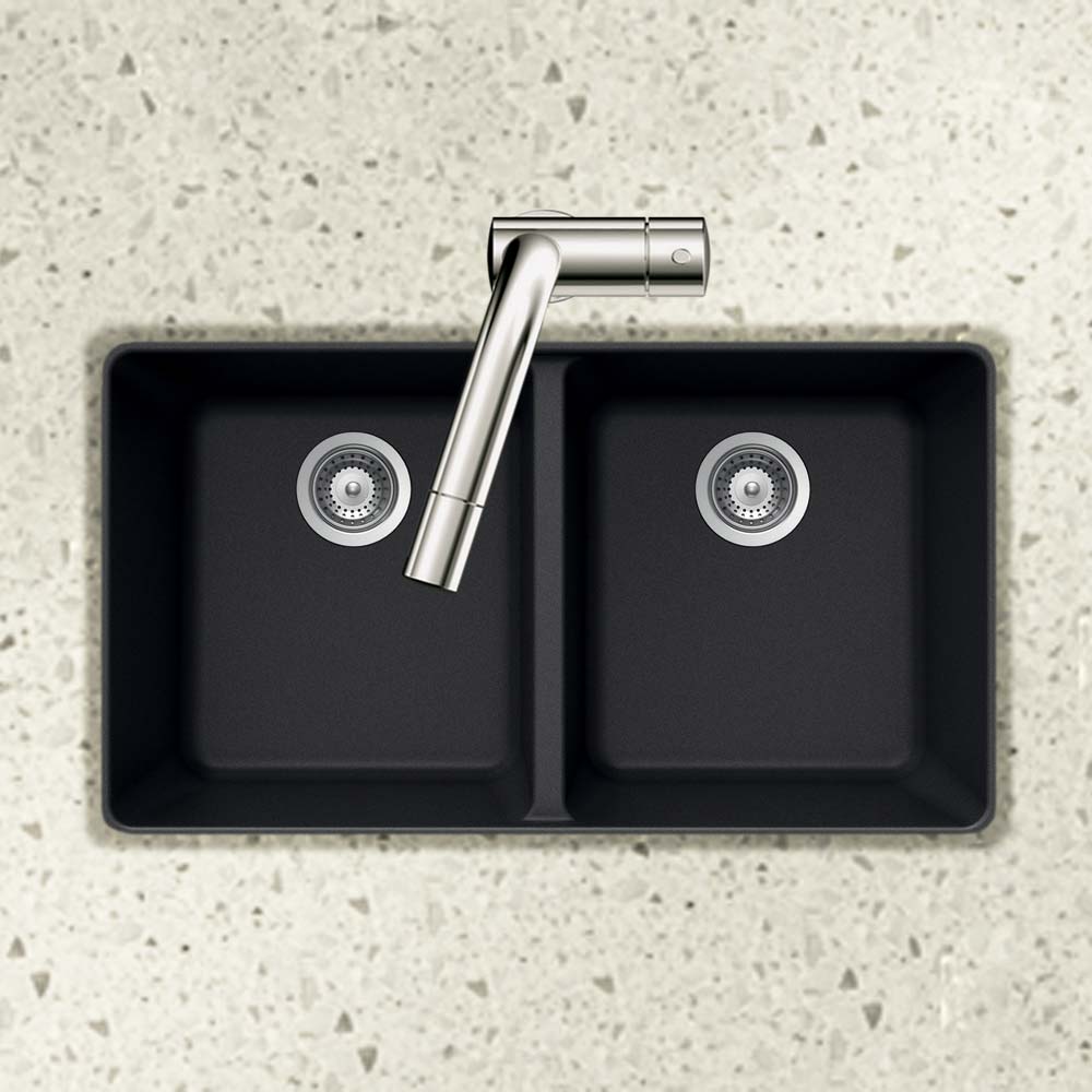 Houzer 33" Granite Undermount 50/50 Double Bowl Kitchen Sink, Black, M-200U MIDNITE - The Sink Boutique