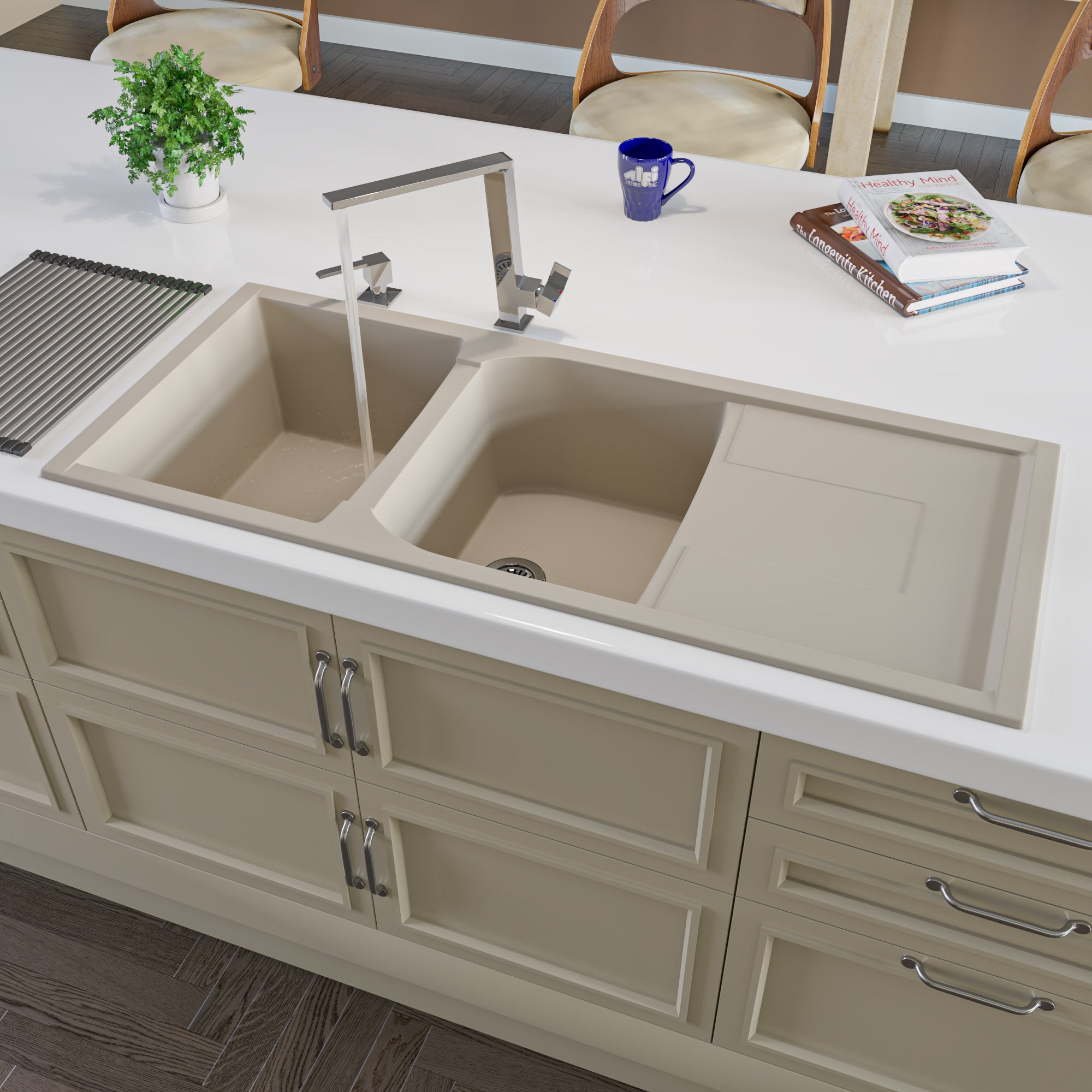 Alternate Image for ALFI 46" Double Bowl Granite Composite Kitchen Sink with Drainboard, Biscuit, AB4620DI-B