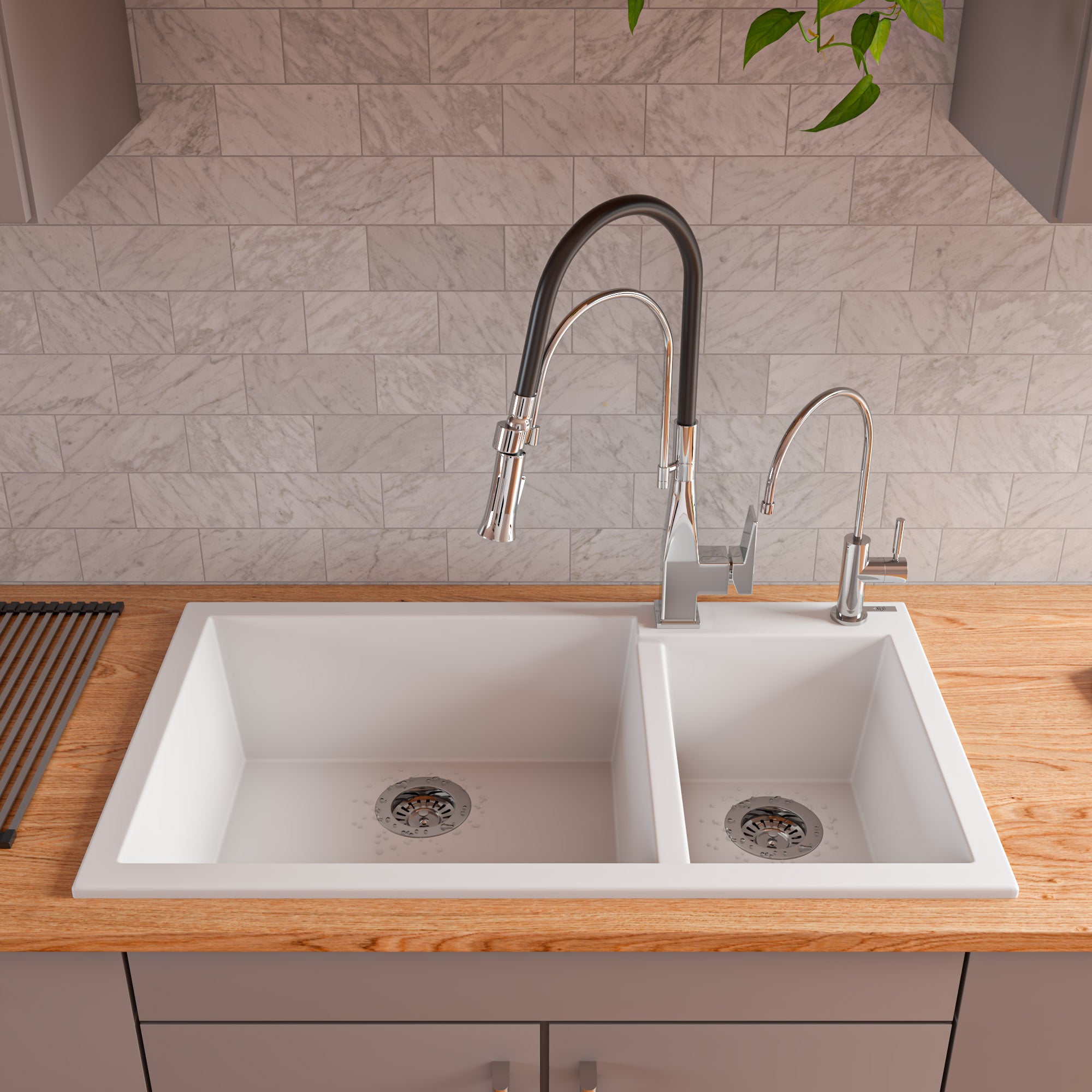 ALFI White 34" Double Bowl Drop In Granite Composite Kitchen Sink, AB3319DI-W