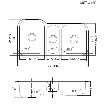 Alternate Image for Houzer 40" Stainless Steel Undermount Triple Bowl Kitchen Sink, 18 Gauge, MGT-4120-1
