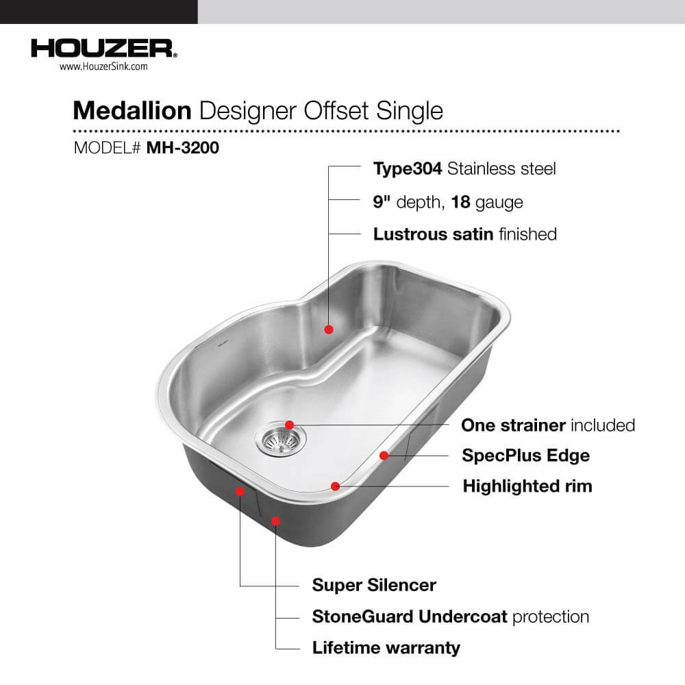 Alternate Image for Houzer 32" Stainless Steel Undermount Gourmet Single Bowl Kitchen Sink, 18 Gauge, MH-3200-1