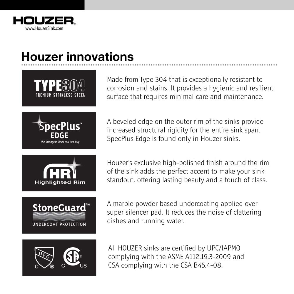 Alternate Image for Houzer 32" Stainless Steel Undermount Gourmet Single Bowl Kitchen Sink, 18 Gauge, MH-3200-1