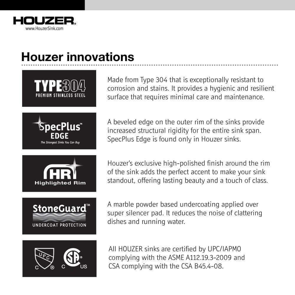 Alternate Image for Houzer 32" Stainless Steel Undermount Gourmet Single Bowl Kitchen Sink, 18 Gauge, MH-3200-1