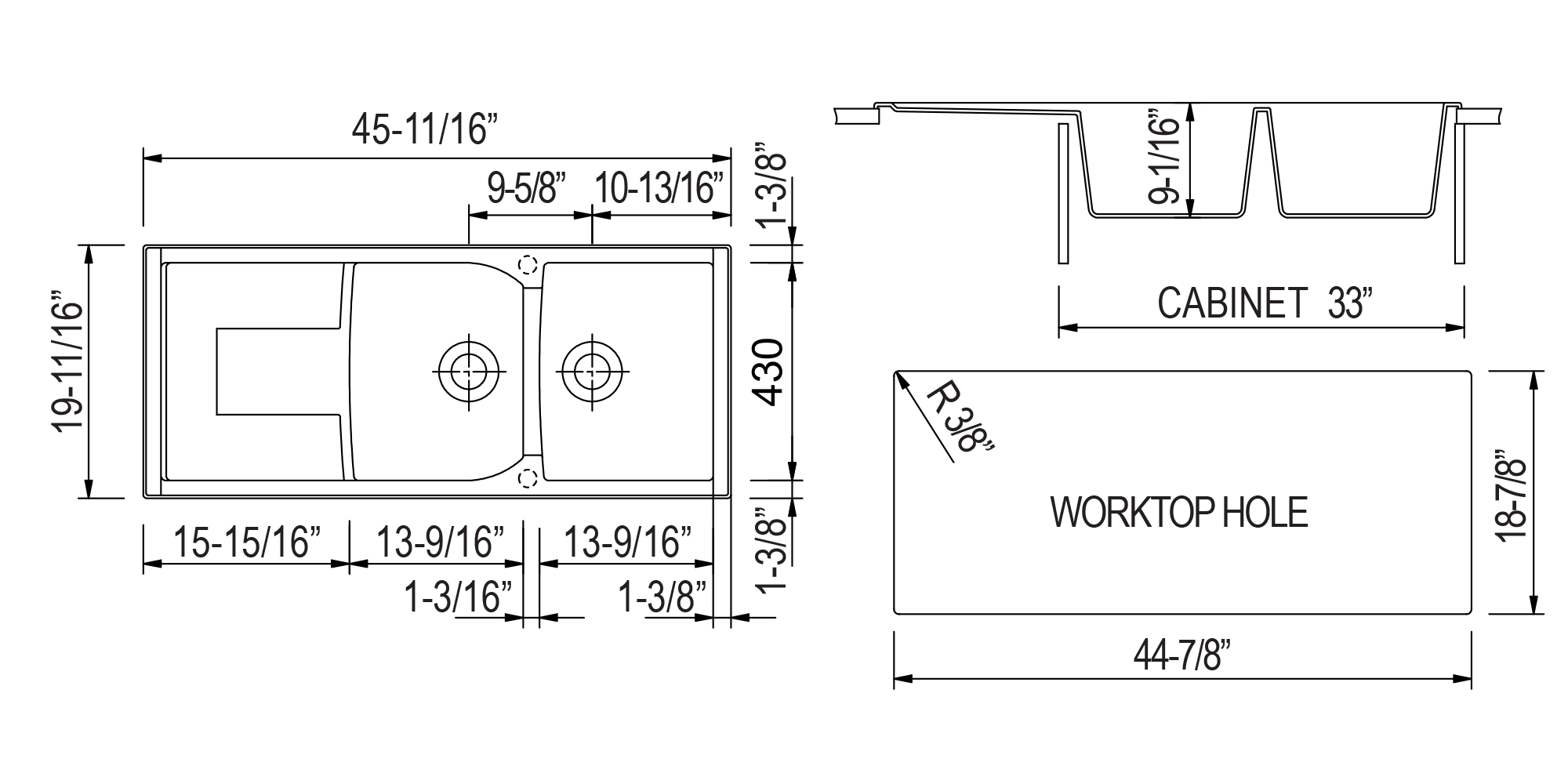 ALFI Black 46" Double Bowl Granite Composite Kitchen Sink with Drainboard, AB4620DI-BLA