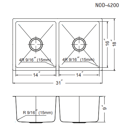 Alternate Image for Houzer 31" Stainless Steel Undermount 50/50 Double Bowl Kitchen Sink, 18 Gauge, NOD-4200
