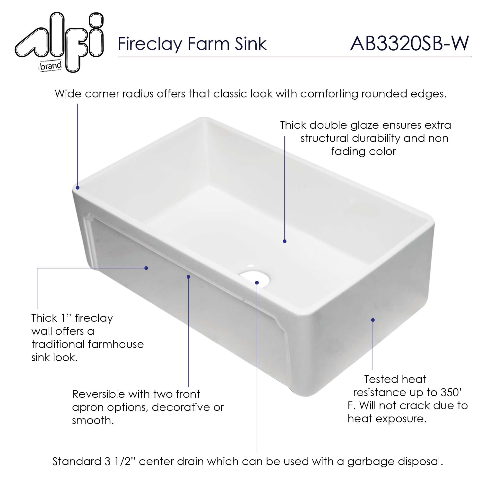 Alternate Image for ALFI 33" Single Bowl Fireclay Farmhouse Apron Sink, White, AB3320SB-W
