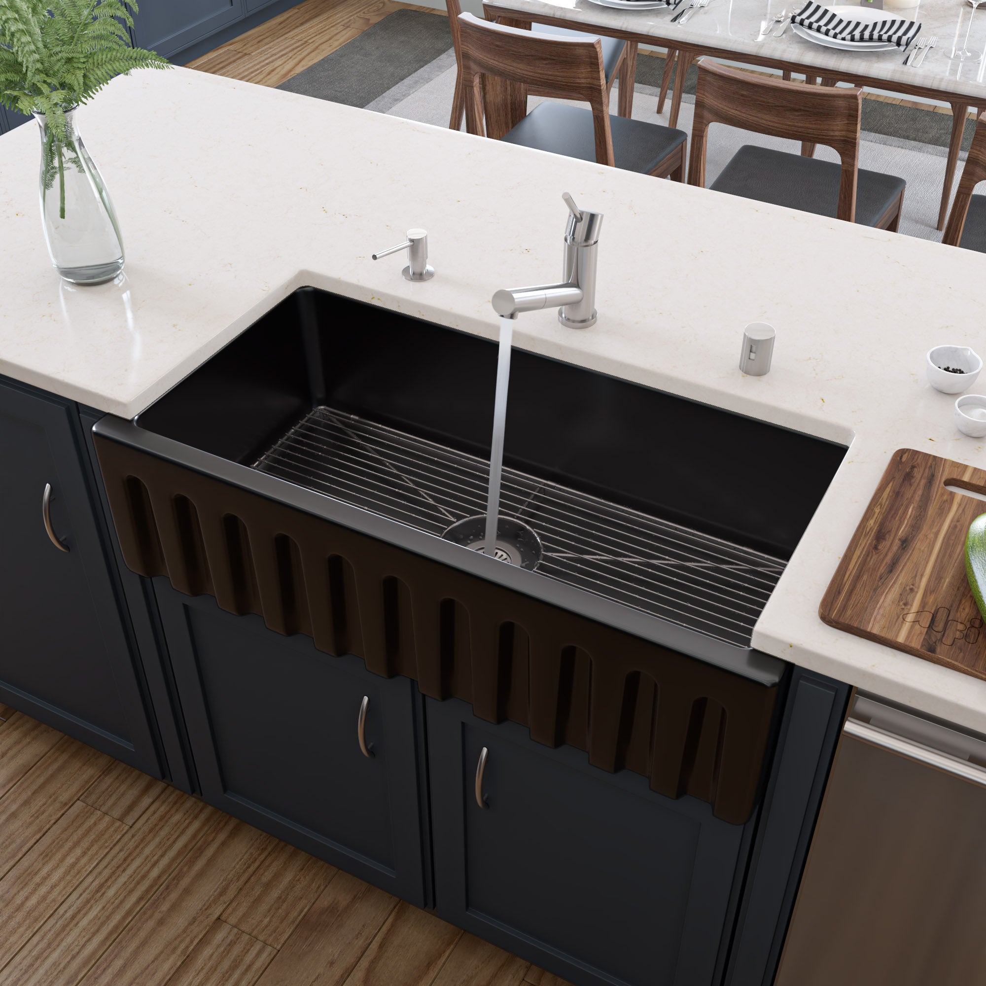 ALFI 36" Single Bowl Fireclay Farmhouse Kitchen Sink, Black Gloss, Reversible, AB3618HS-BG