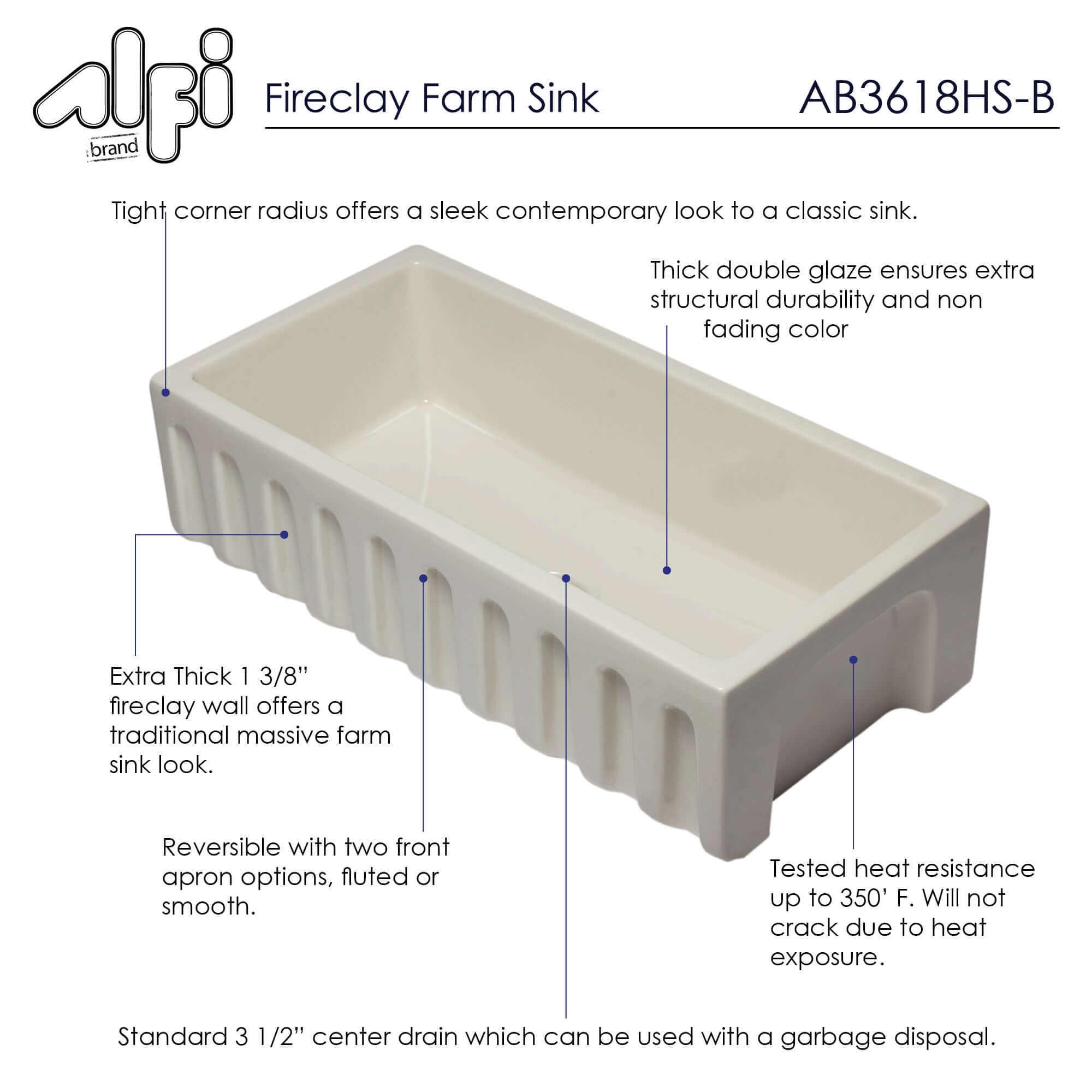 Alternate Image for ALFI 36" Single Bowl Fireclay Farmhouse Kitchen Sink, Biscuit, Reversible, AB3618HS-B