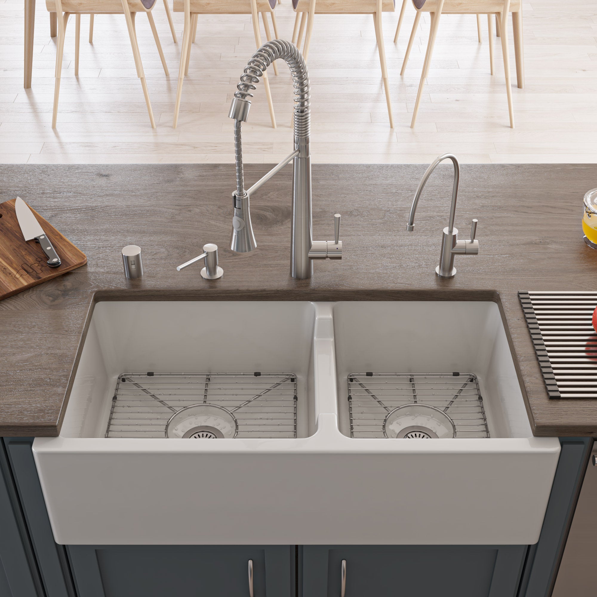ALFI 36" Smooth Double Bowl Thick Wall Fireclay Farmhouse Sink, White, AB3618DB-W
