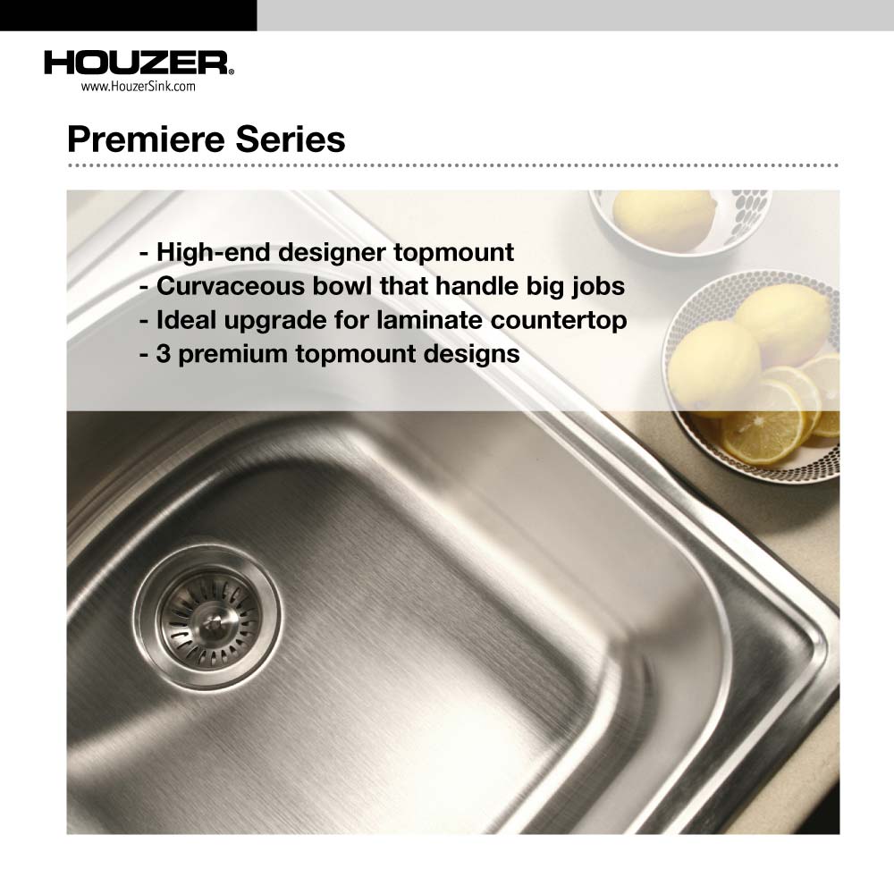 Alternate Image for Houzer 33" Stainless Steel Topmount Large Single Bowl Kitchen Sink, 18 Gauge, PGS-3122-4-1
