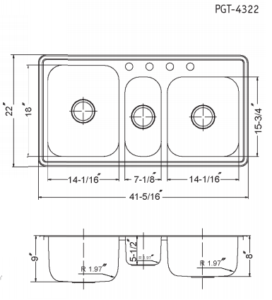 Alternate Image for Houzer 41" Stainless Steel Topmount Triple Bowl Kitchen Sink, 18 Gauge, PGT-4322-1