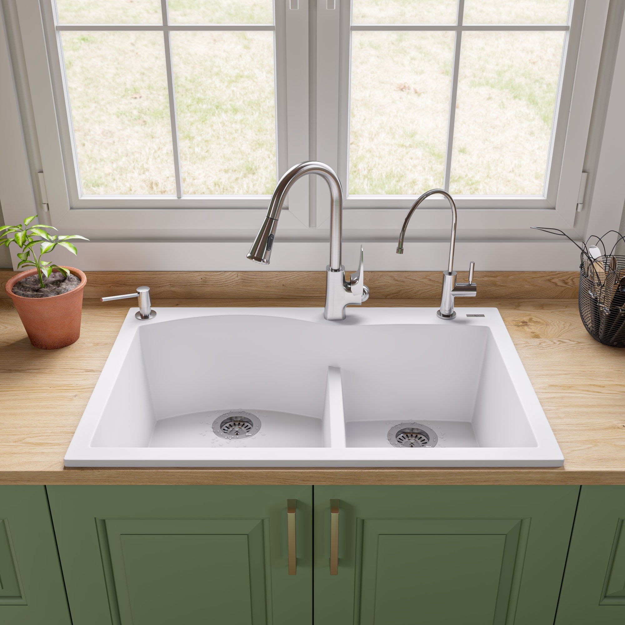 ALFI White 33" Double Bowl Drop In Granite Composite Kitchen Sink, AB3320DI-W
